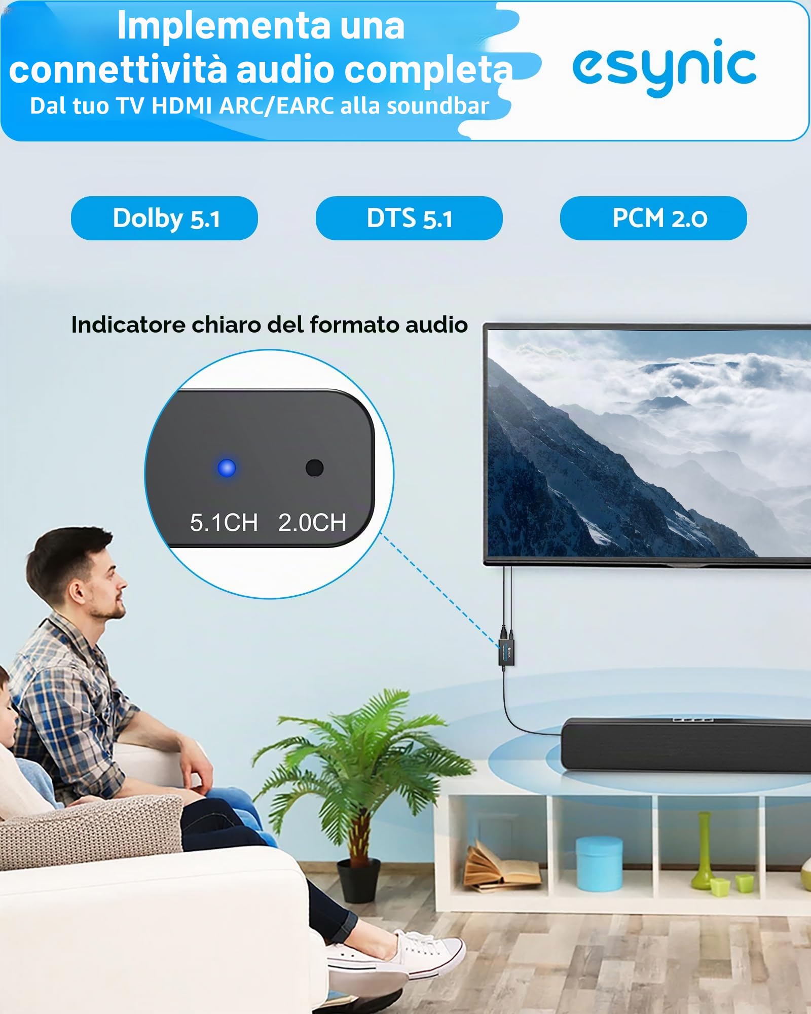 eSynic eARC ARC Audio Extractor Professionale con Cavo HDMI e Fibra Ottica, 192KHz Convertitore Audio da eARC/ARC HDMI a Ottico per HDTV a Soundbar Cuffie Wireless Home Theater, Supporta 5.1ch e 2.0ch
