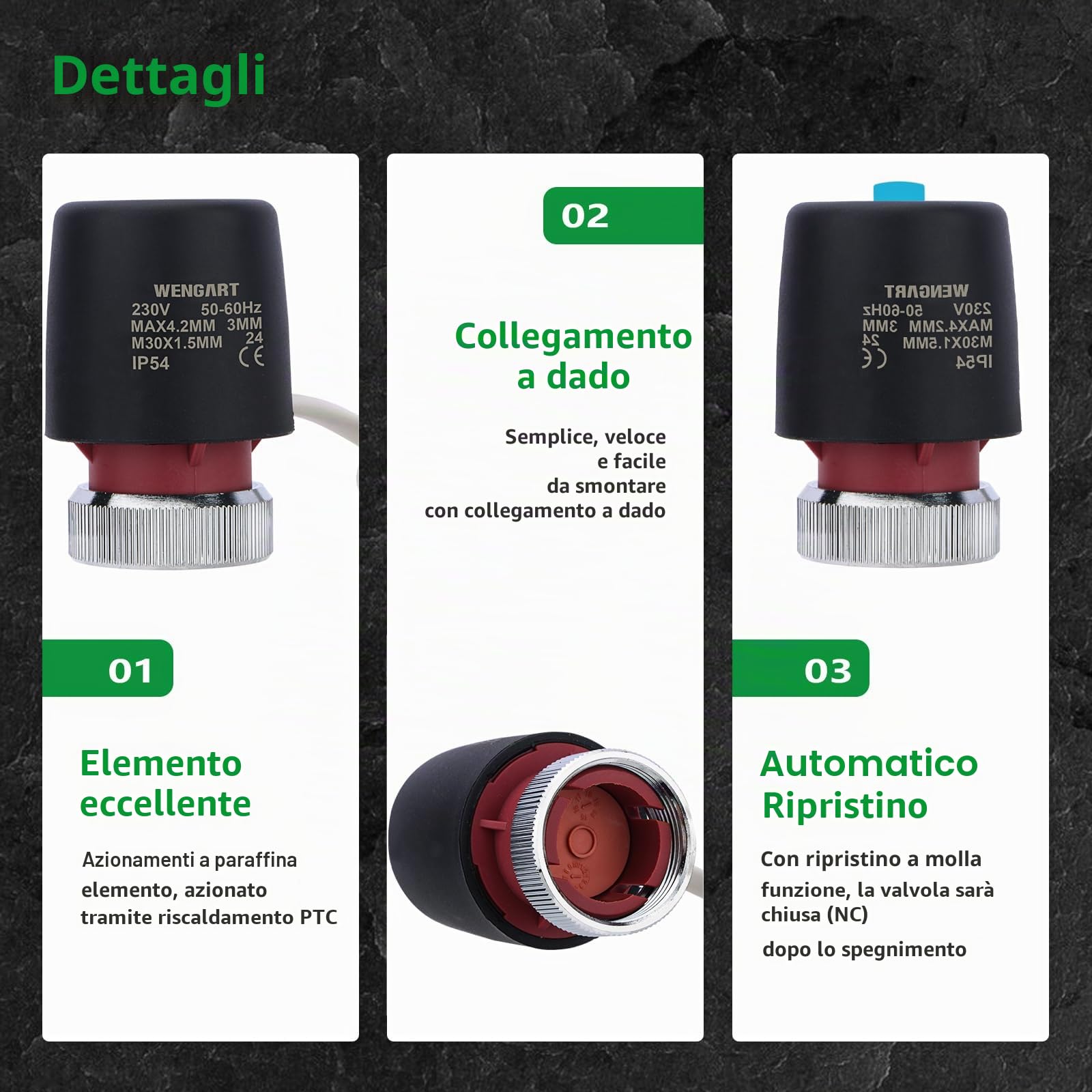 Attuatore per Riscaldamento a Pavimento Wengart WG905, Normalmente Chiuso AC230V 2W M30*1,5 2 Fili Adatto per Sistemi HVAC e Sistemi di Acqua Calda