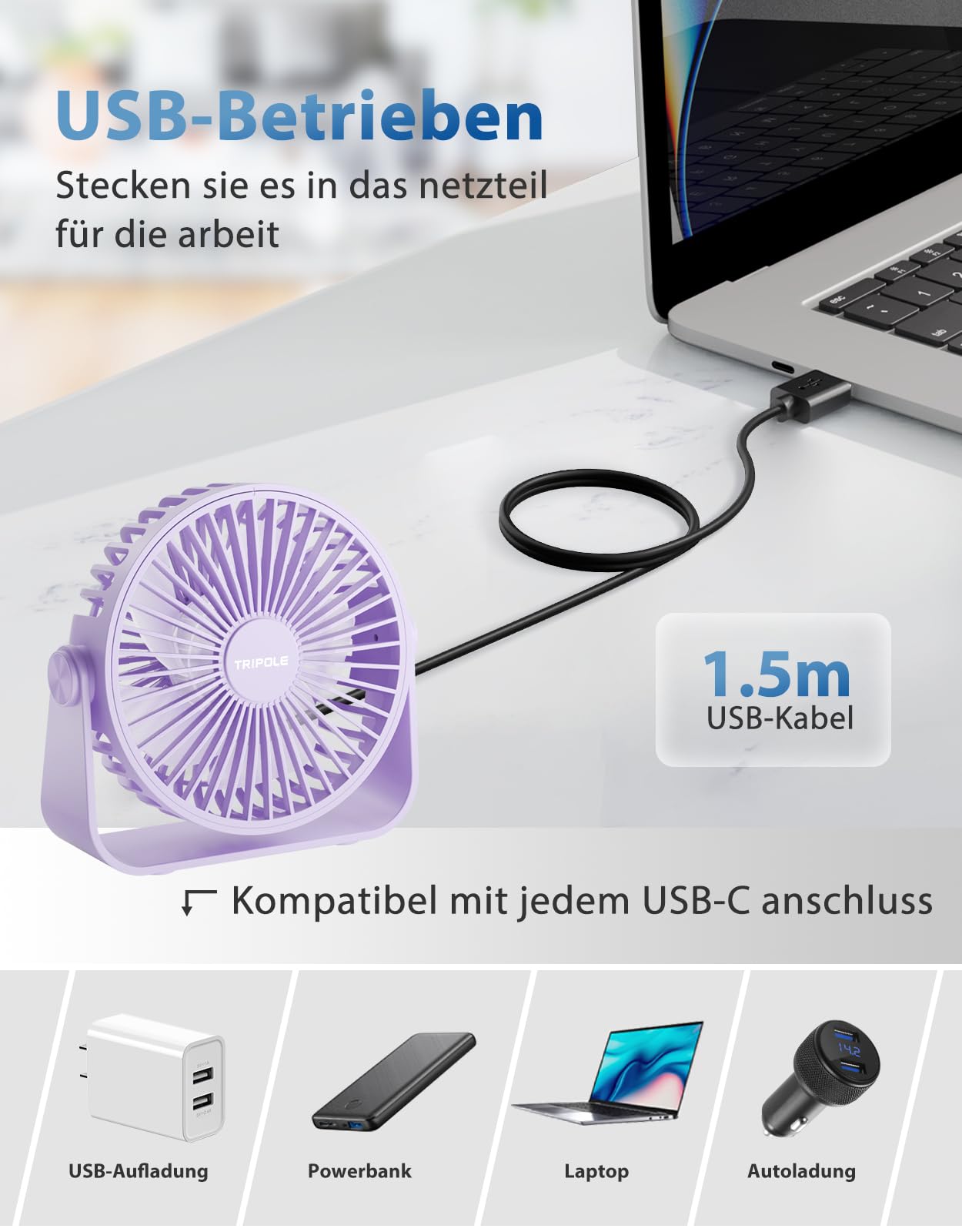 TriPole USB Desk Fan, 3 Speeds Adjustable Strong Wind, 360° Head Rotation, 1.5 m Cable - Image 3