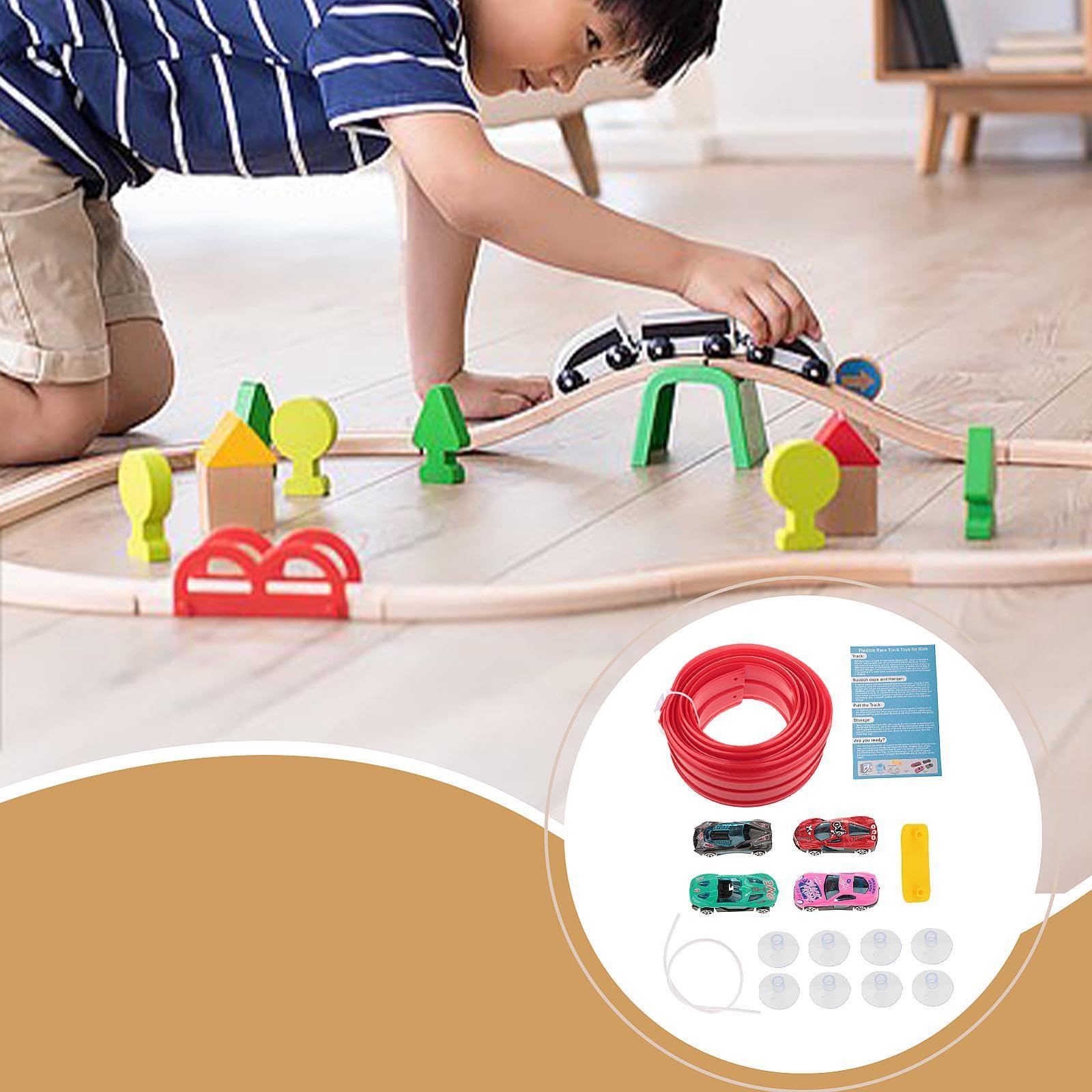 Pista de Carreras Flexible de 4,5 Metros con 4 Coches de Aleación, Kit de Construcción con Ventosas, Juguete Portátil para Niños, Rojo