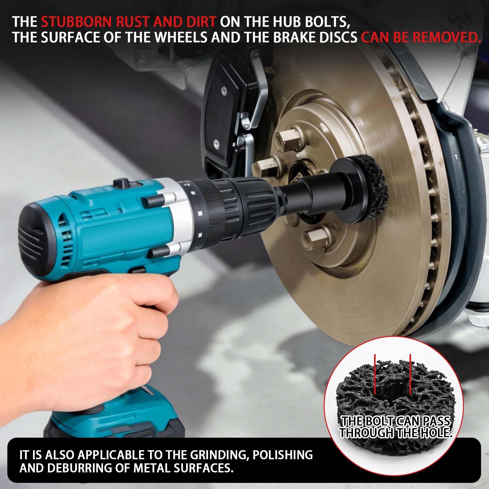 Smerigliatrice per bulloni e mozzo ruota, pulitore mozzo ruota auto con 6 dischi abrasivi e adattatore da 1/2", smerigliatrice mozzo per avvitatore a batteria per una rapida rimozione della ruggine