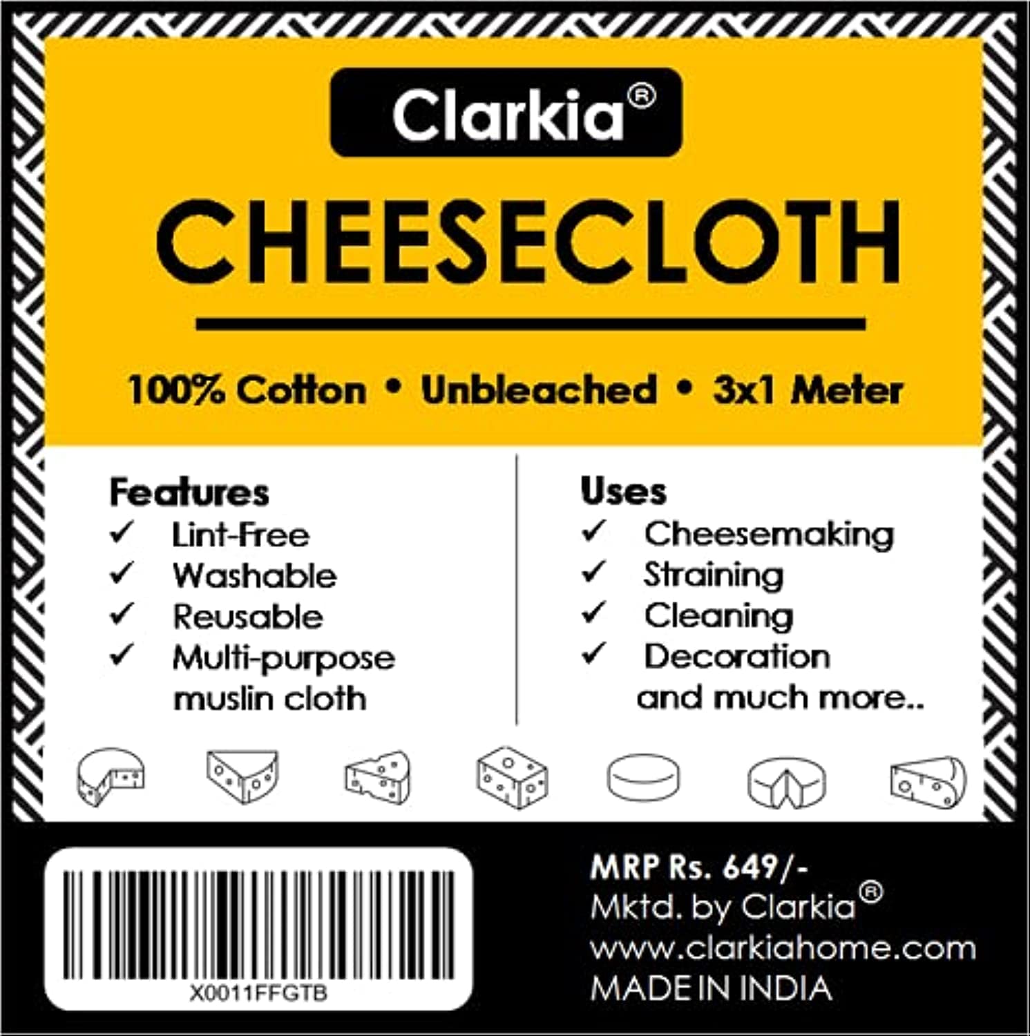 Clarkia 3x1 Meter Professional Muslin Cotton Strainer or Cheese Cloth Unbleached