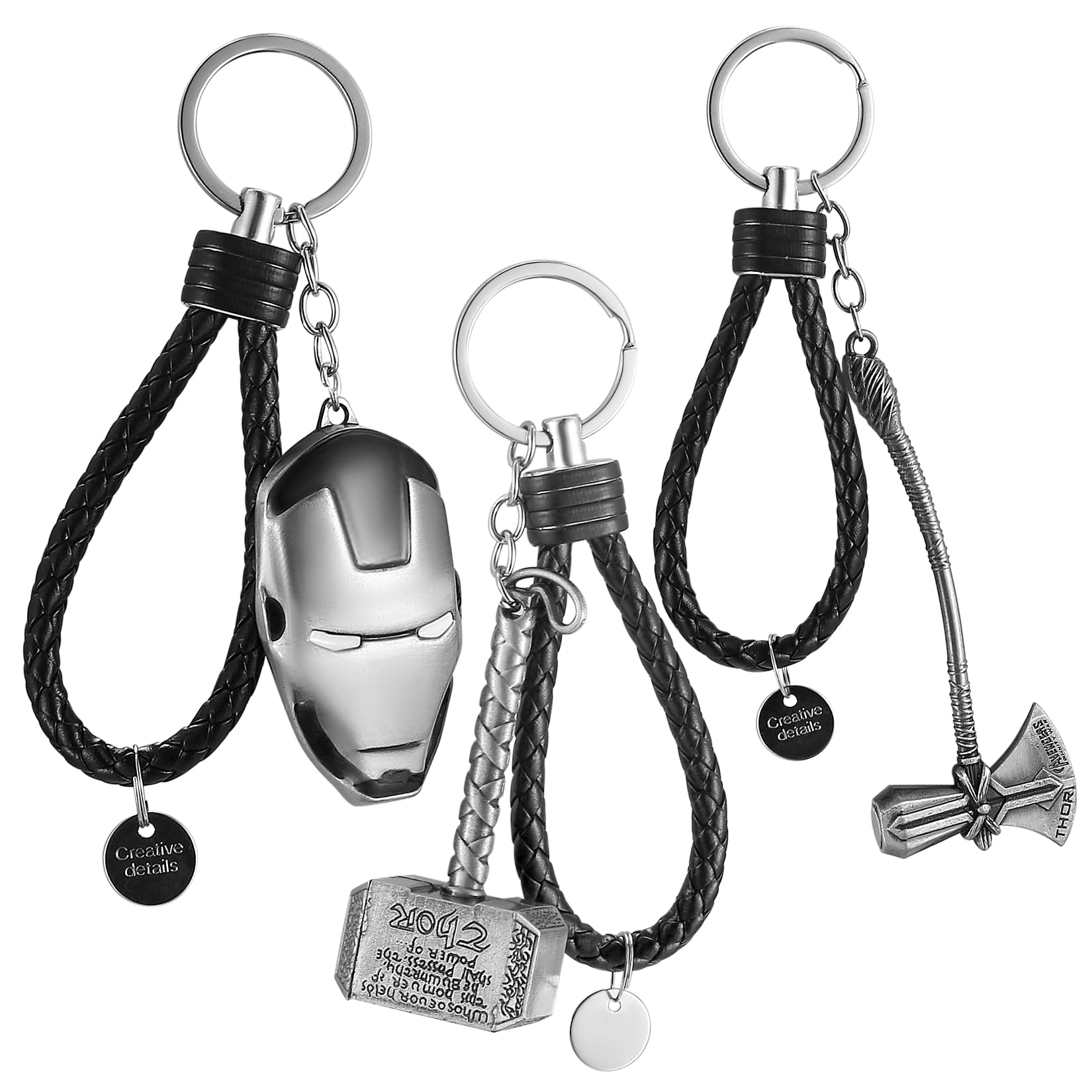 Qeapug 3 in 1 Keychain, Hammer Keychain, Car Keychain, Braided Pendant Animated Movie Gift with Ring for Men Women, Black/White, S