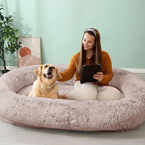 JOLLYVOGUE Human Dog Bed for Adults and Pets, Ultra-Soft Plush Giant Dog Bed with Egg Crate Foam, Non-Slip Base, and Machine Washable Cover - Ideal for Relaxation and Napping, Brown - 64" - Brown