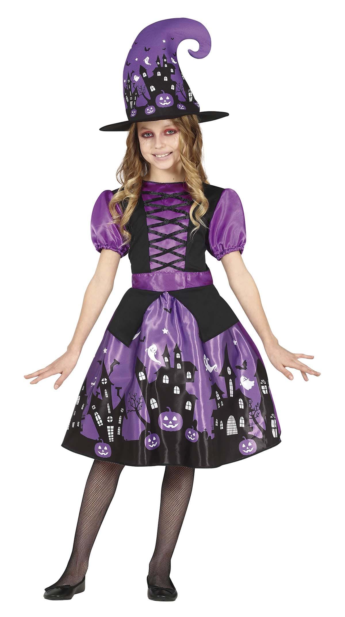 FIESTAS GUIRCA Purple Witch Fancy Dress Costume - Dress with Print and Witch Hat for Girls 5-6 Years