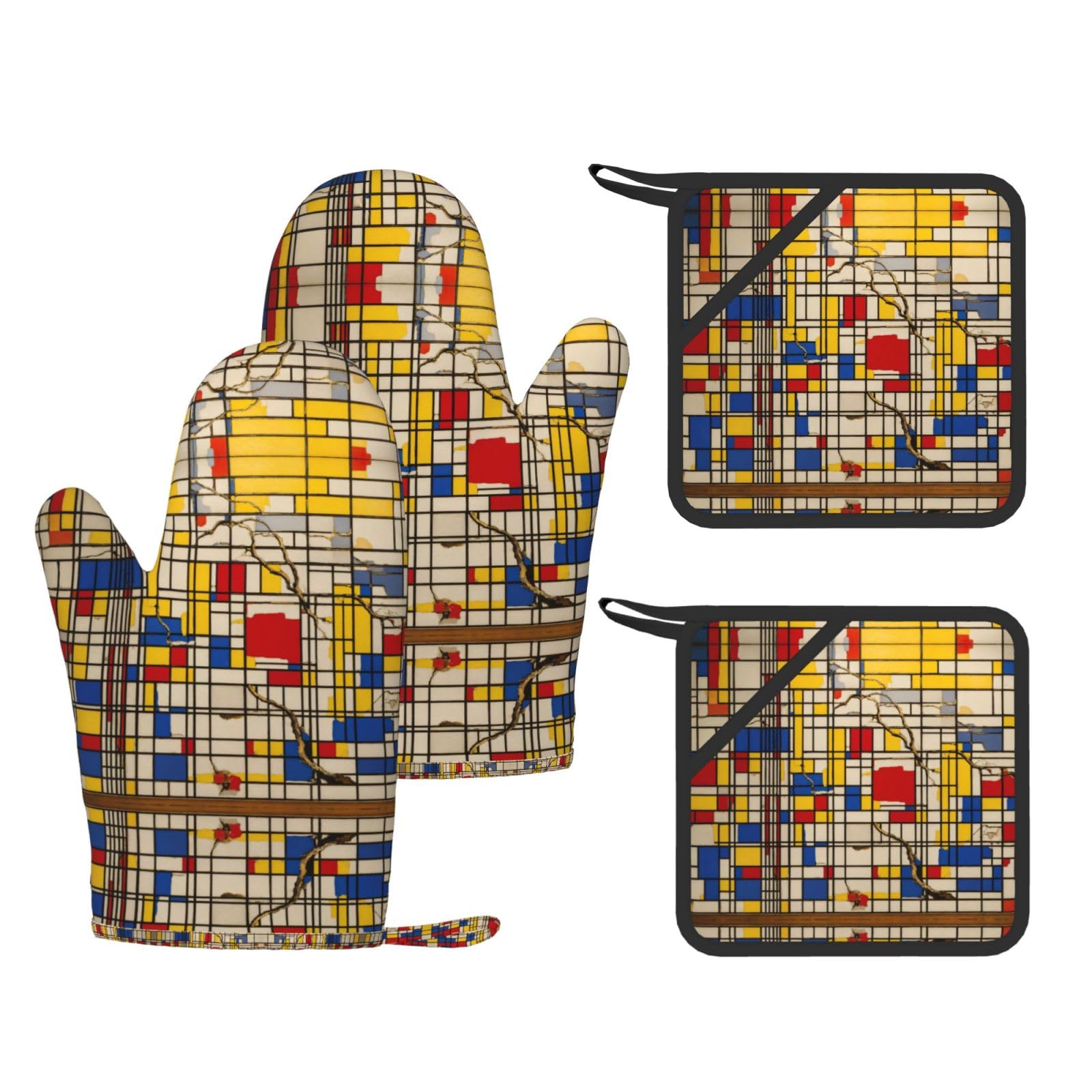 African Mud Cloth Tribal Printed Cooking Mitts and Pot Holders 4 Pcs, Heat Resistant Oven Gloves with Hanging Loop Chef
