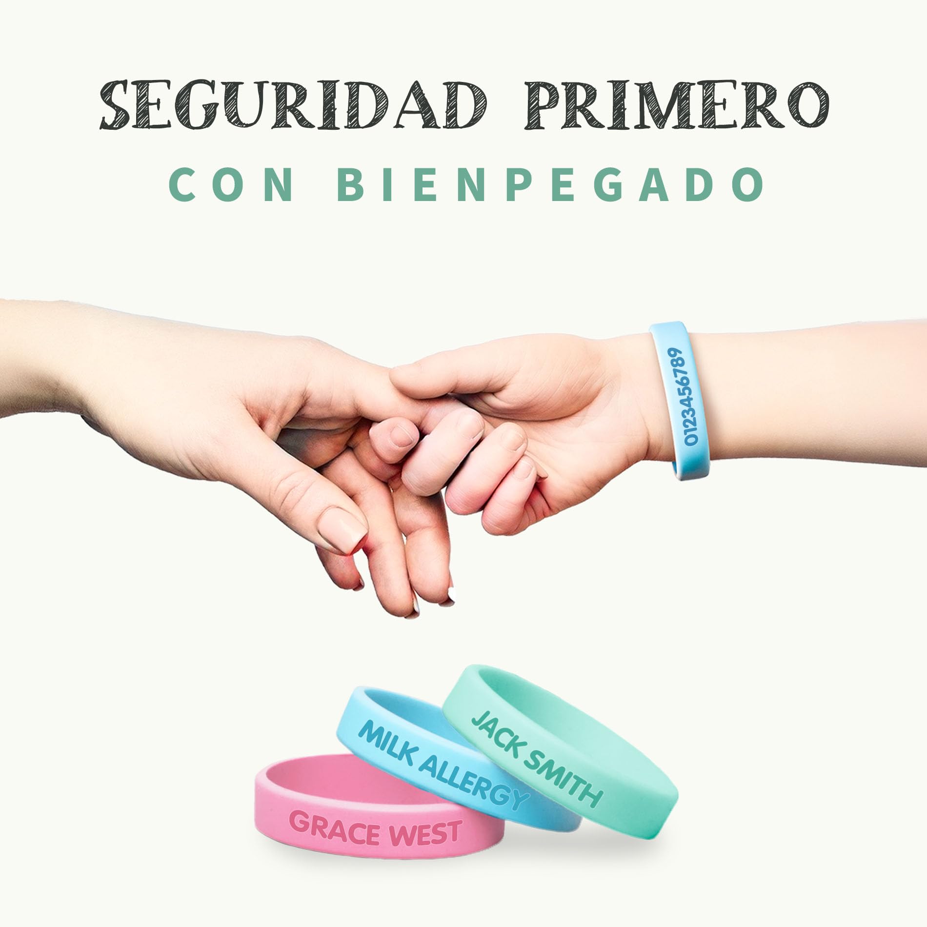 Pulsera personalizada SOS para niños de silicona Ideal para salidas y paseos. En varios tamaños y colores. Resistente al agua y duradera.