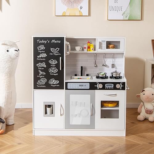 Miniatura 8 de GLACER Juego de cocina para niños, juego de cocina de juguete de madera con luces y sonidos, pizarra, teléfono, dispensador de agua, grifo giratorio