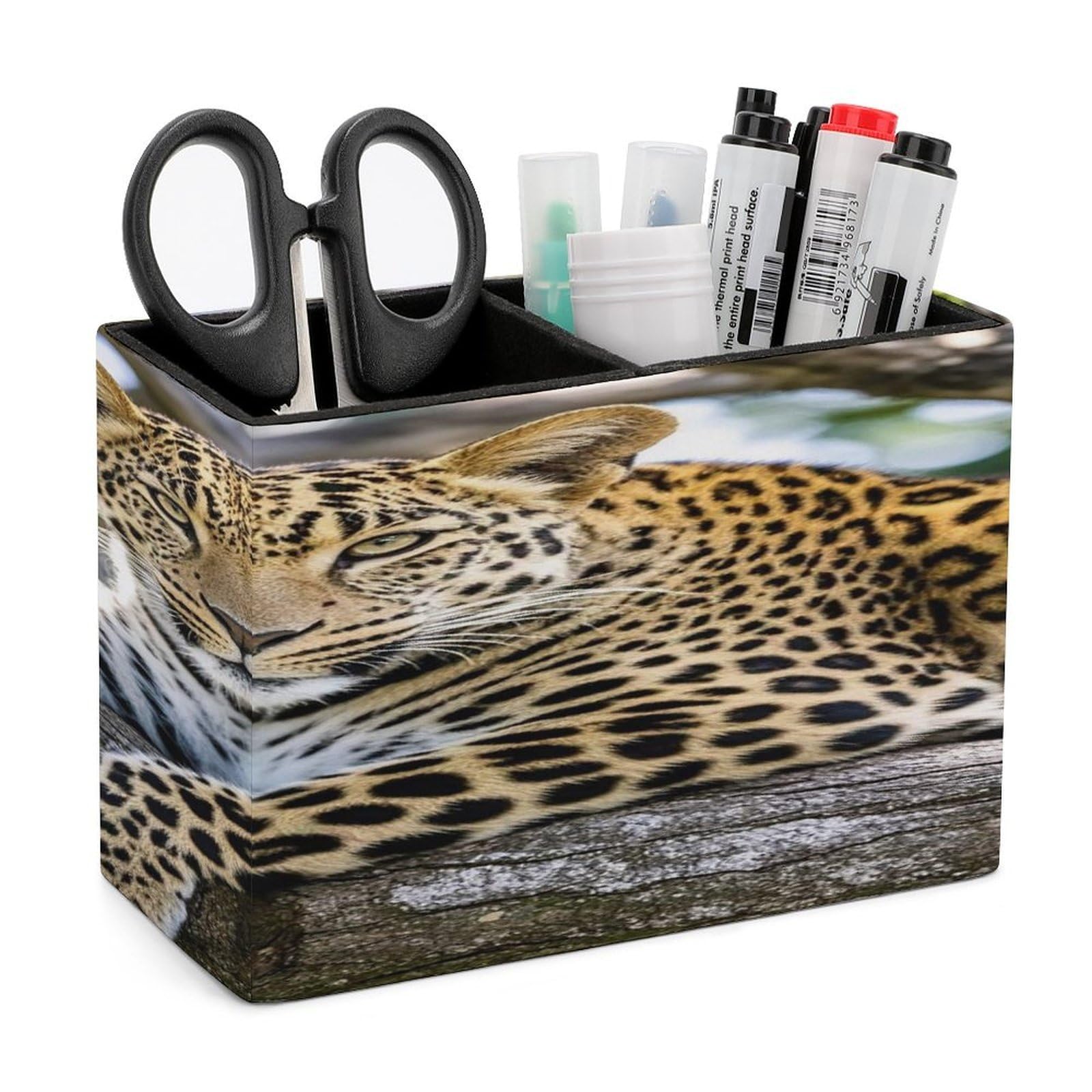 LZQPOEAS Leopard Leather Pen Holder Square Pencil Holder Multi-Functional Desk Organizer Modern Pen Cup Pencil Cup Minimalist Desktop Stationery Organizer for Desk Office Home