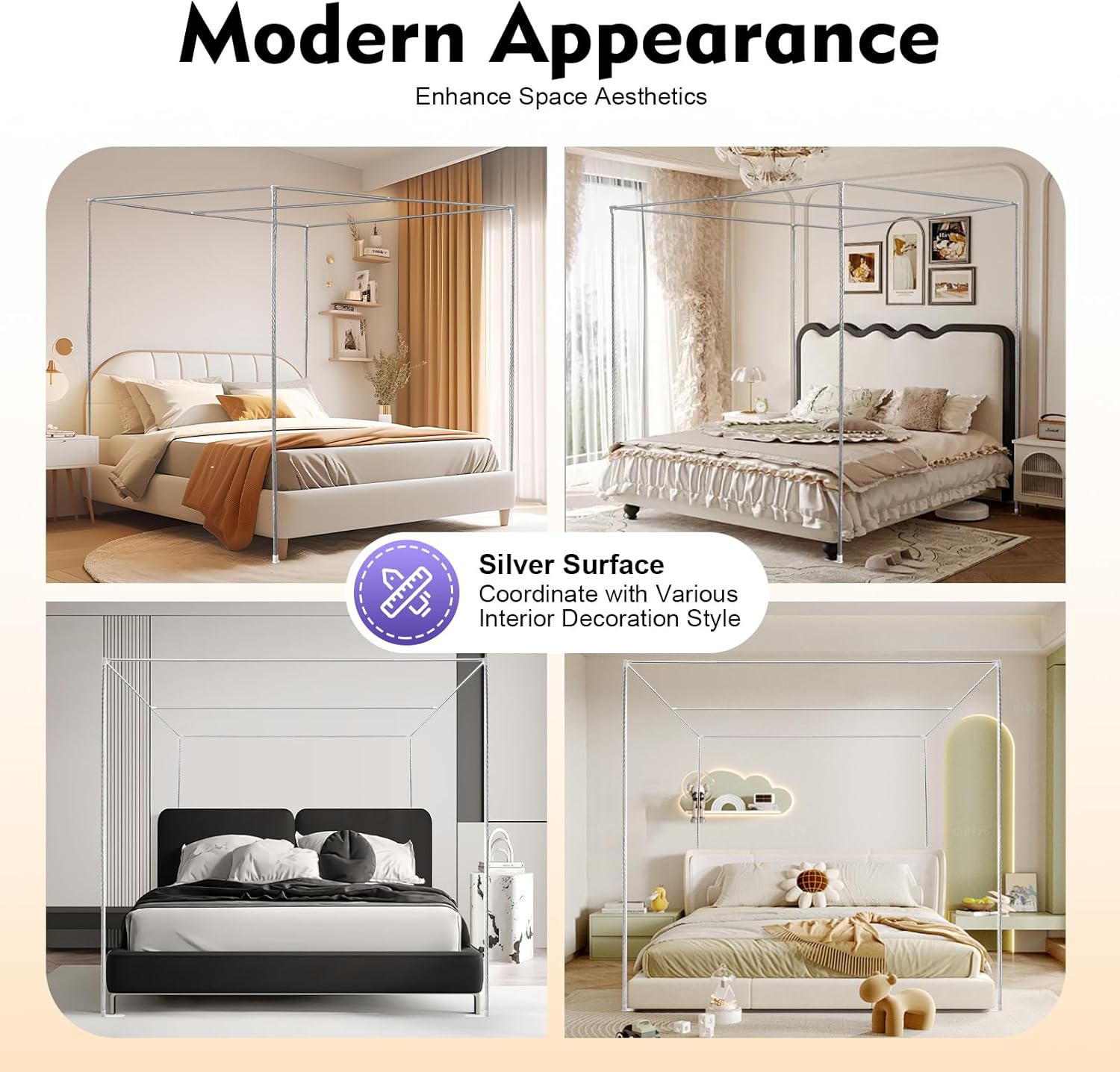 Canopy Bed Frame Queen Size 6.56x6.56x6.56ft, Heavy Duty Stainless Steel Thicken Metal Bedframe with 4 L-Shape Feet Corners, Sturdy Poles Bed Canopy Frame for Metal Wood Bed Bedroom Decor