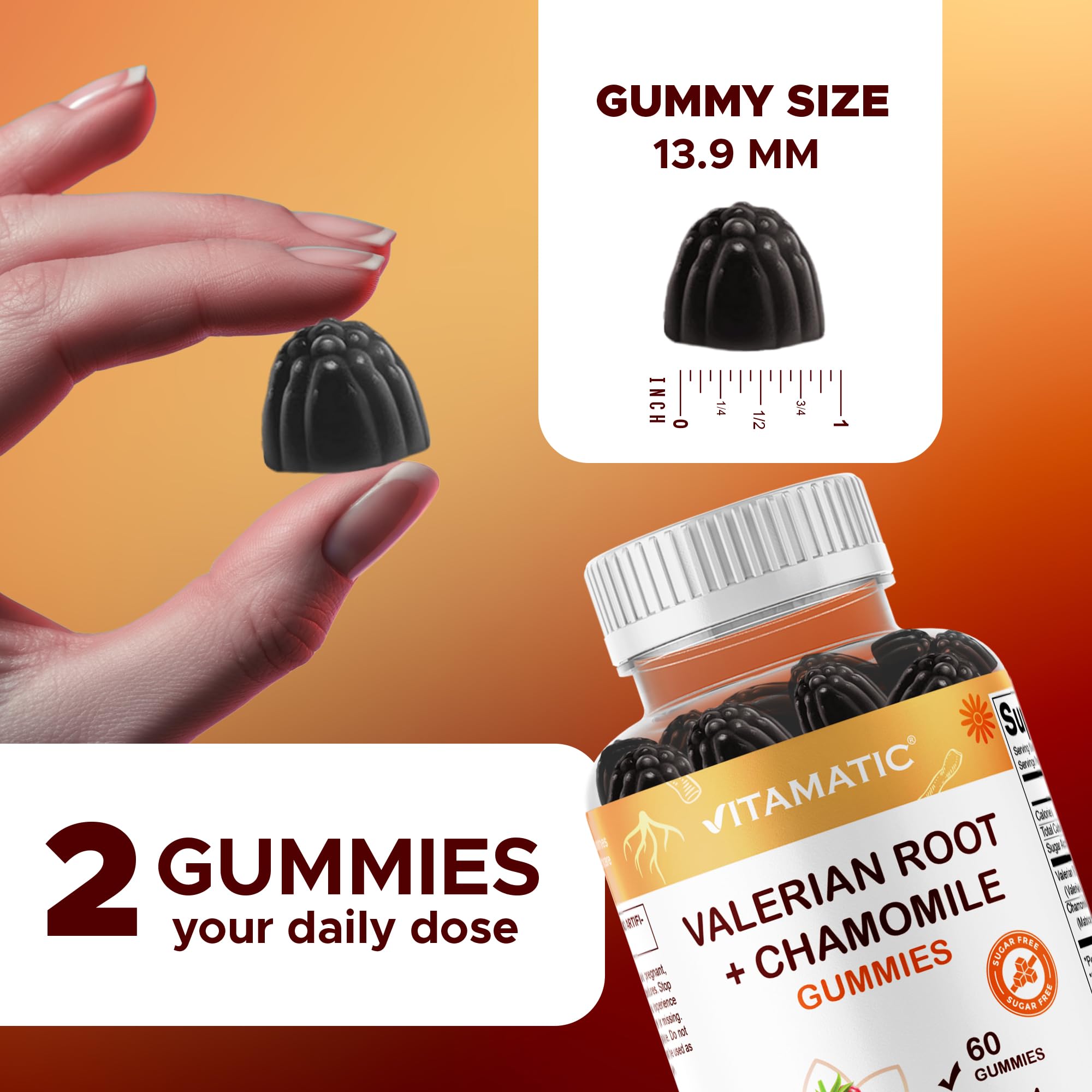 Vitamatic Valerian Root & Chamomile Gummies – Plant-Based Botanical Extract – Mixed Berry Flavor – Vegan, Non-GMO, Gluten-Free – Herbal Supplement – 60 Count — Amazon image 3