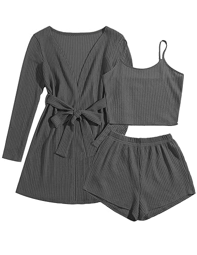 Ekouaer Womens 3 Piece Waffle Knit Lounge Set Soft Pajama Sets Tank Top and Shorts Cardigan with Pockets