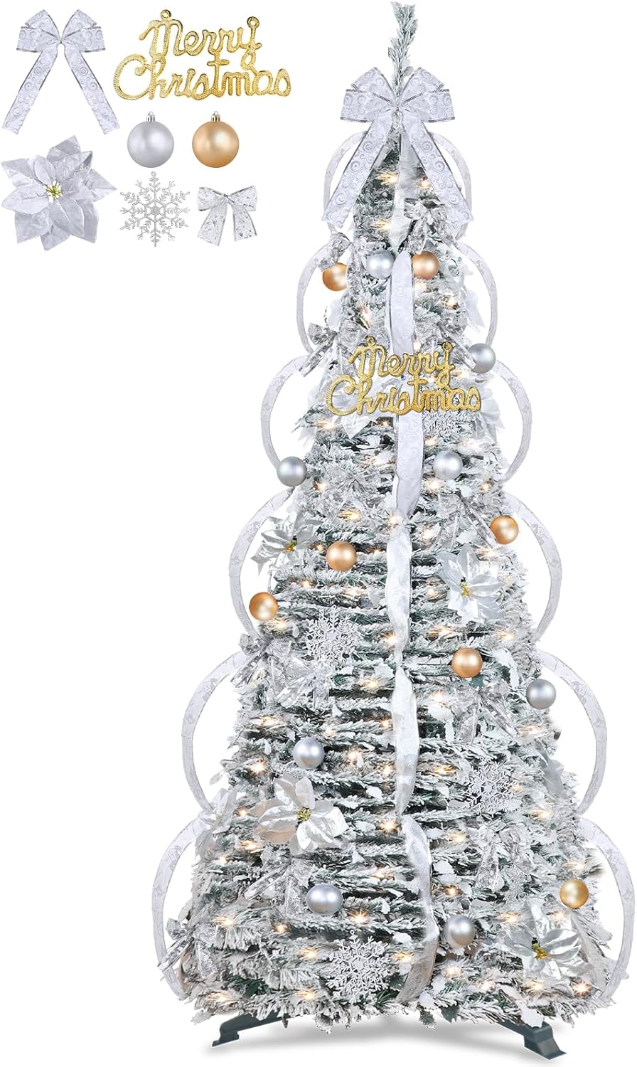 6.5FT Snow Flocked Pull Up Prelit Christmas Tree with 200 Warm White LEDs Lights 8 Modes Timer, 84 Gold & Silver Ornaments Balls Bows Snowflakes, Collapsible Pop Up Xmas Tree for Indoor Home Decor