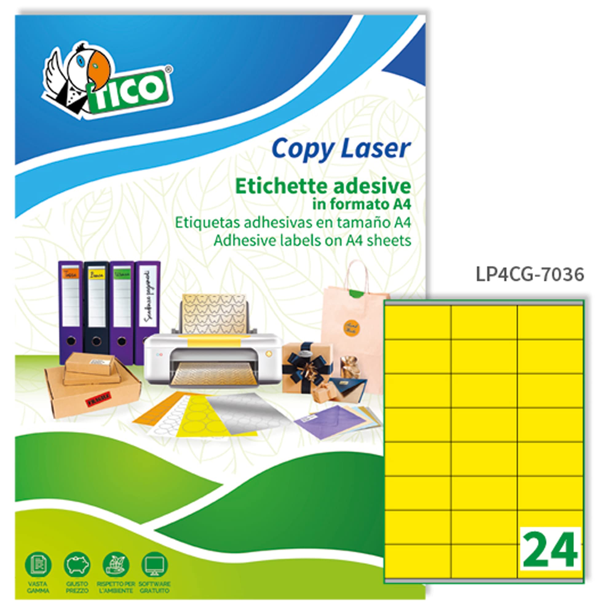 Tico Italia LP4CG-7036 Etichette adesive colorate gialle, 70 fogli A4, rettangolari 70x36mm, 24 etichette per foglio, adesivo permanente, stampanti laser e inkjet