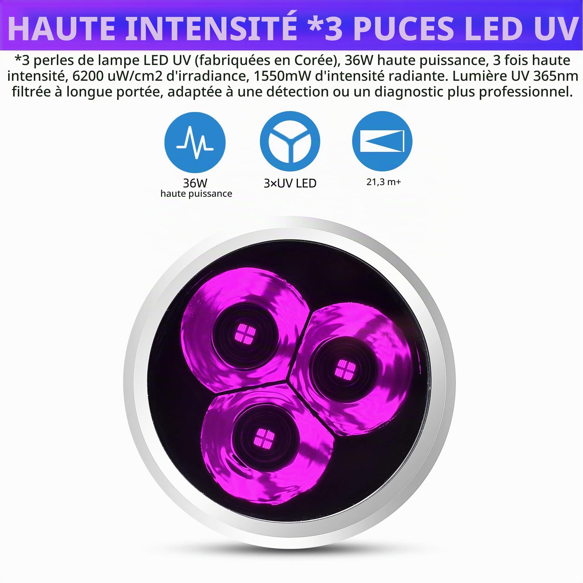 DARKBEAM Lampe Torche UV 365nm Puissante Lumière Noire, 3 LEDs Lampe,B40 | Wood 36W Rechargeable Portable, Lampe de Poche Ultra Violet Détecteur d'urine, Fuite détection, Chasse aux roches, Résine