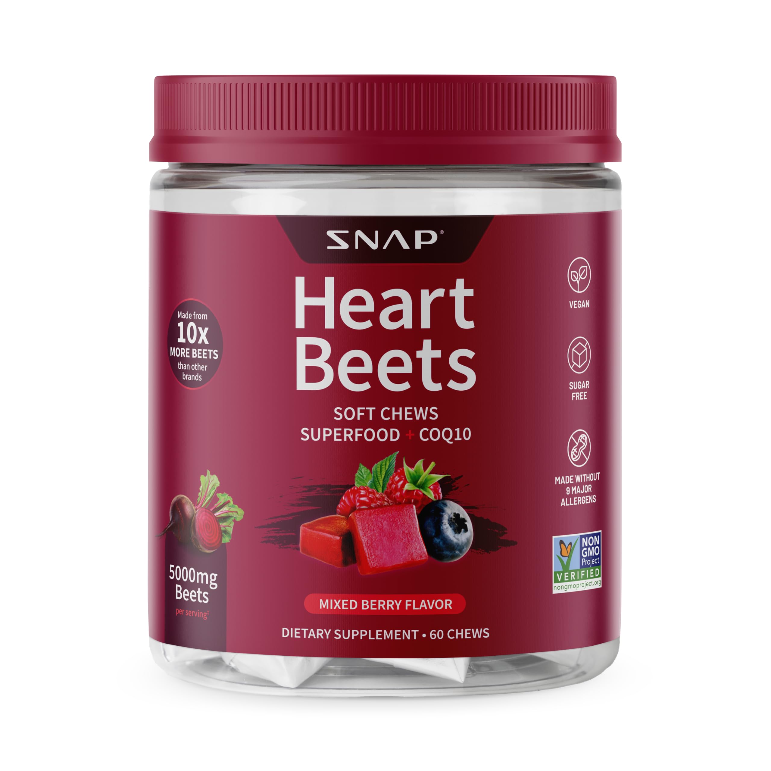 Snap Heart Beets Soft Chews, Beet Root Extract &amp; CoQ10, Mixed Berry, 60 Ct