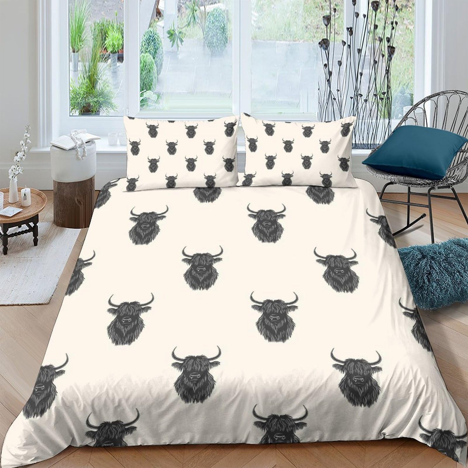 TUFRTGYHN 3D Printed Highland Cow Duvet Cover Set Microfiber Soft Beige Animal Quilt Cover with 2 Pillowcases for Bedroom Living Room Single（135x200cm）