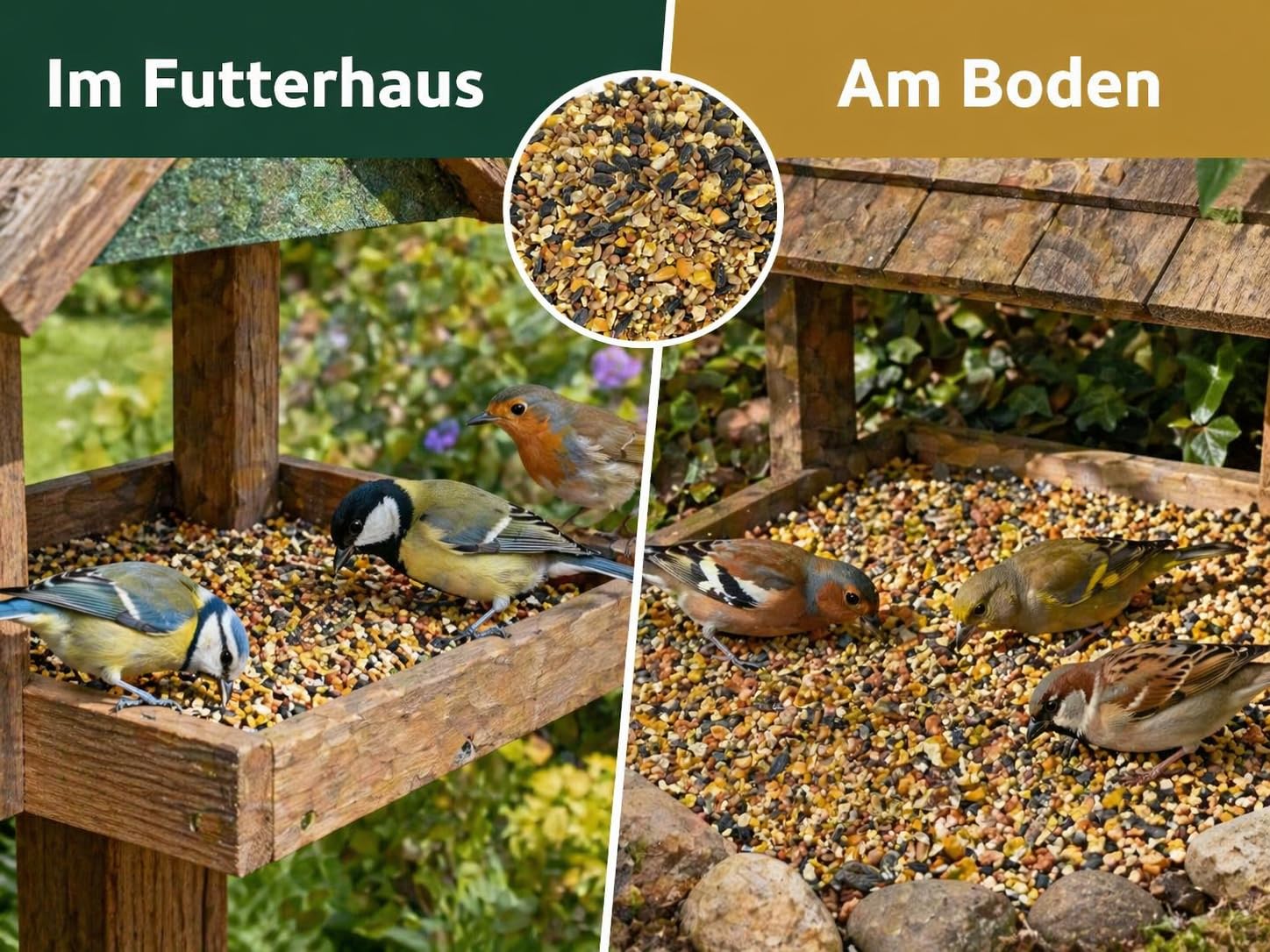 KLASEBO Wildvogelfutter 10 kg – Premium Streufutter für 4 Jahreszeiten, fettreich & energiereich – natürliches Ganzjahres-Vogelfutter mit Sonnenblumenkernen, Hirse & Mais – für alle Wildvögel