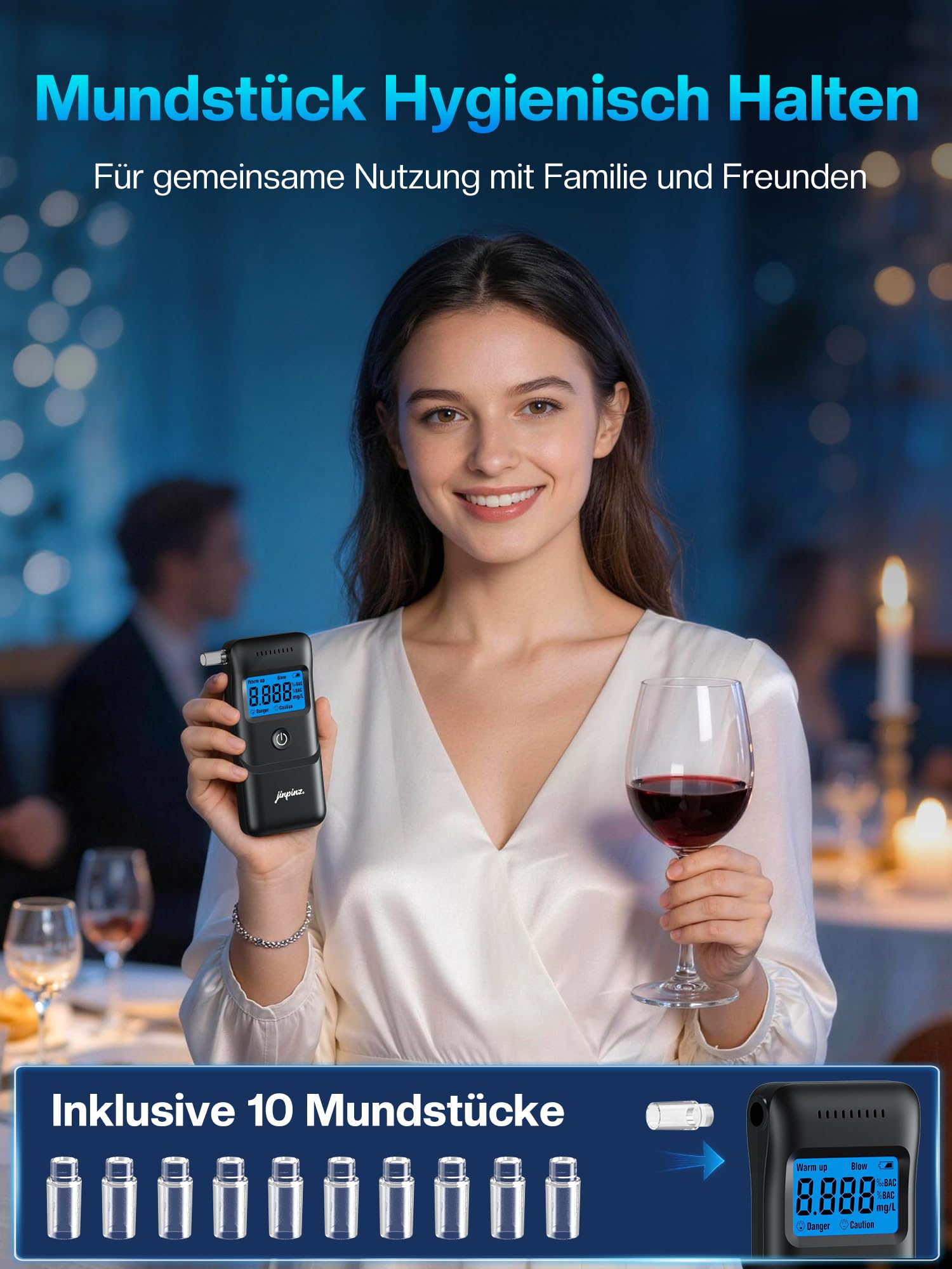 Alkoholtester Promillemessgerät Atemalkoholtester mit Halbleiter Sensorik LCD Display - Tragbarer Alkoholmessgerät 10 Mundstücken Schwarz