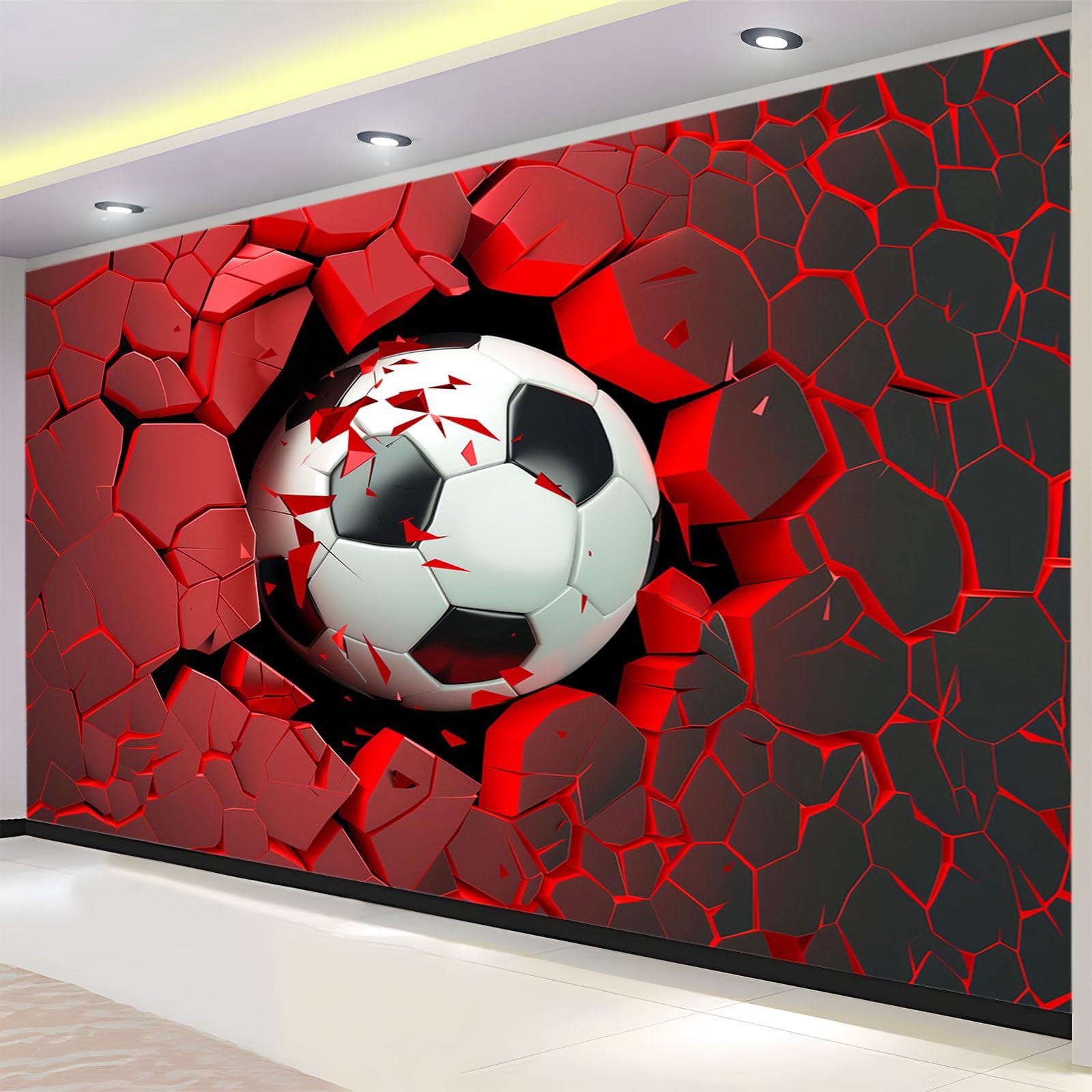 3D Tapete 3D-Sport Fußball Fototapete, 300 x 210 cm (WxH) Wandbild Wandtapete Dekorationen, für Wohnzimmer Schlafzimmer Büro, Flur, Rot Vlies Tapete Wanddeko