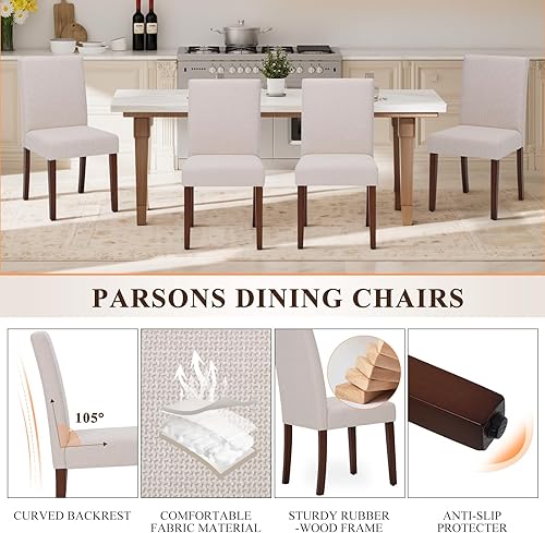 Miniatura 4 de Juego de 4 sillas de comedor tapizadas Parsons, modernas sillas de comedor con respaldo, sillas laterales de cocina de tela con patas de madera para