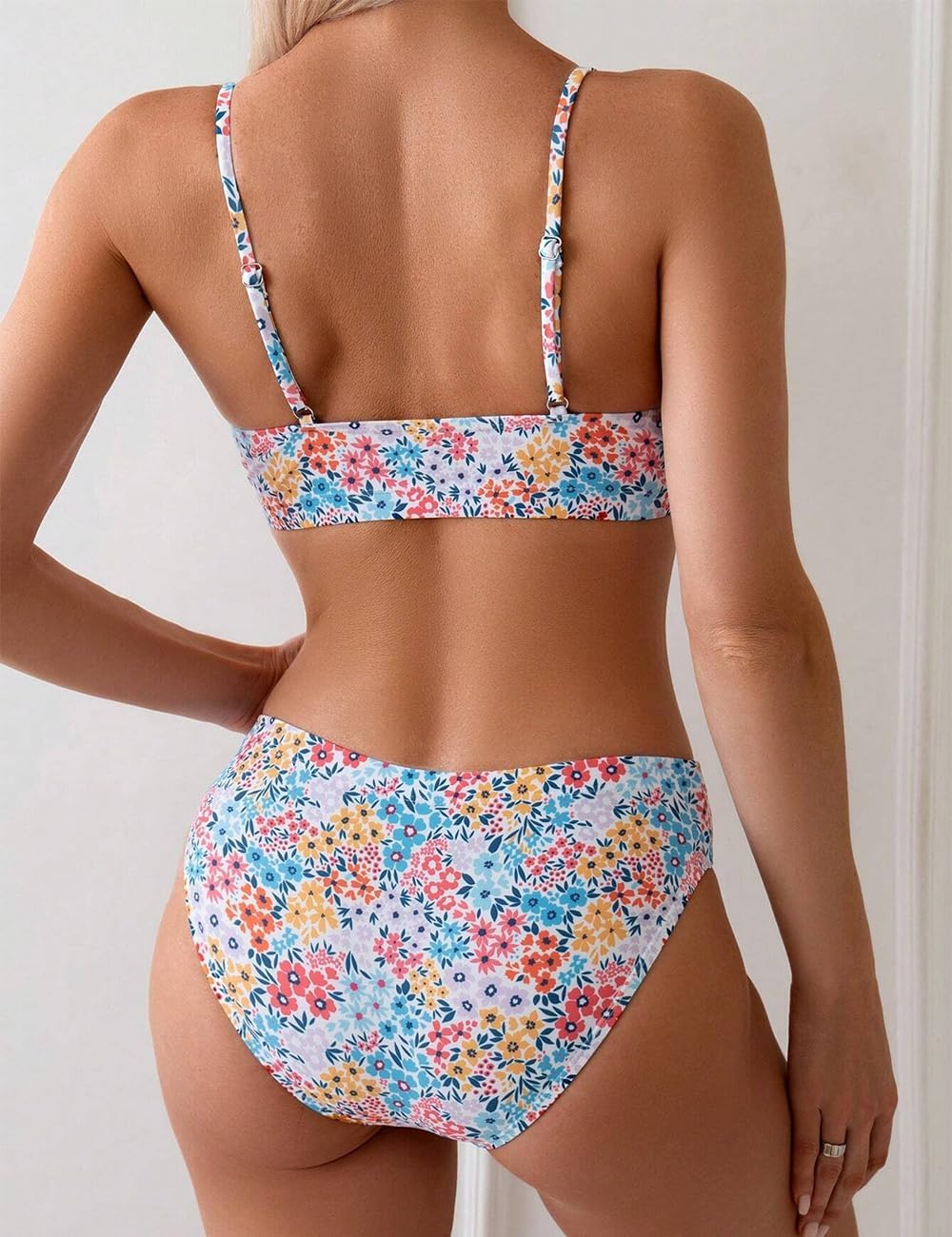 YIMISAN Women's Two Piece Swimsuit Floral Print Bikini Sets Spaghetti Straps Scoop Neck Mid Waist Cheeky Bathing Suit