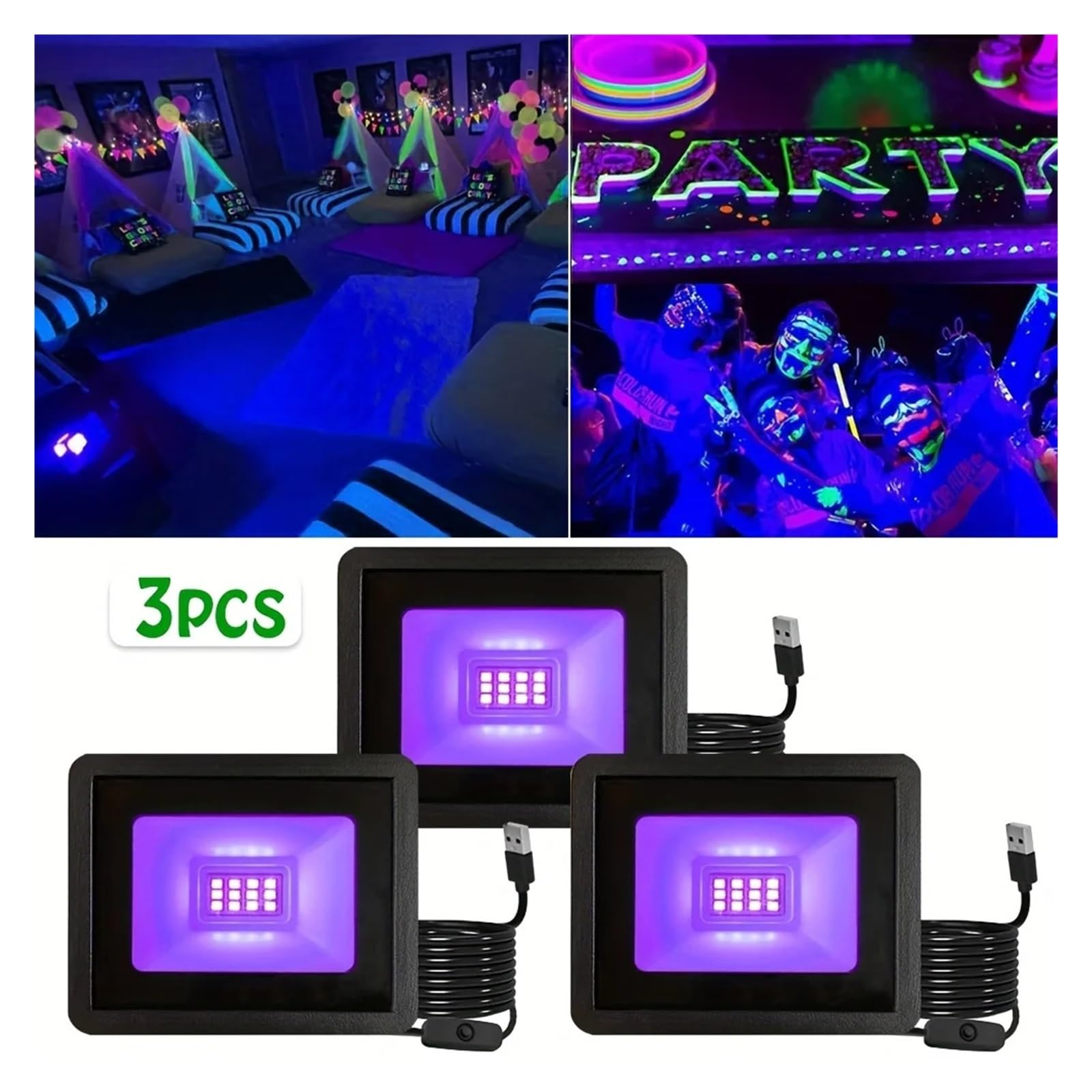 Faretto LED UV da 10 W, proiettore UV da 385-400 NM, Luce Fluorescente da palco, Effetto UV con Interruttore for Feste, DJ, Illuminazione for Festival(12LEDs-3P)