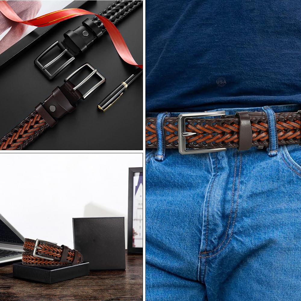 Cinturón trenzado de cuero para hombre, correa de golf de 1 3/8 pulgadas, caja de regalo de jeans casuales, Marrón intenso, 34 - 38 pulg., cintura ajustable 4
