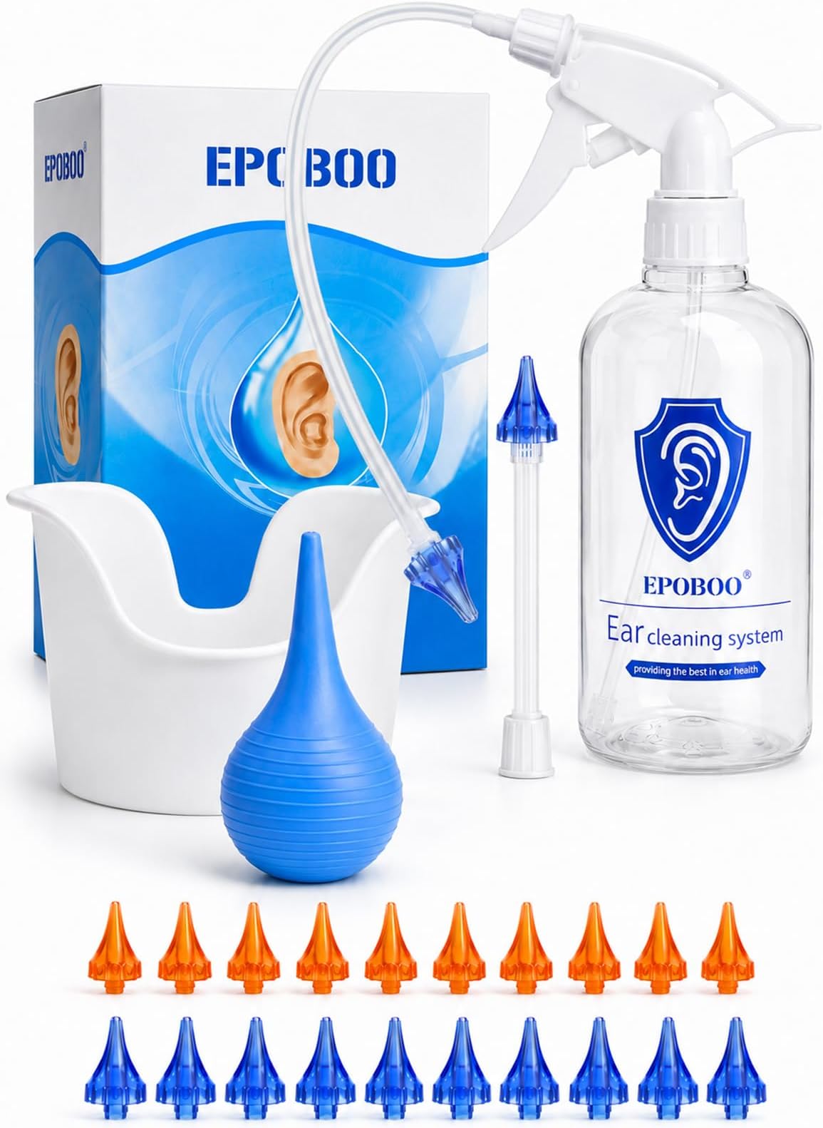 Ear Wax Removal Bottle - Manual Ear Irrigation System, FSA-HSA-Eligible | 500ml Bottle, Large Basin, Drying Bulb, 20 Reusable Soft Tips, Rigid Tube for Self-Use & Flexible Tube for Assisted Cleaning