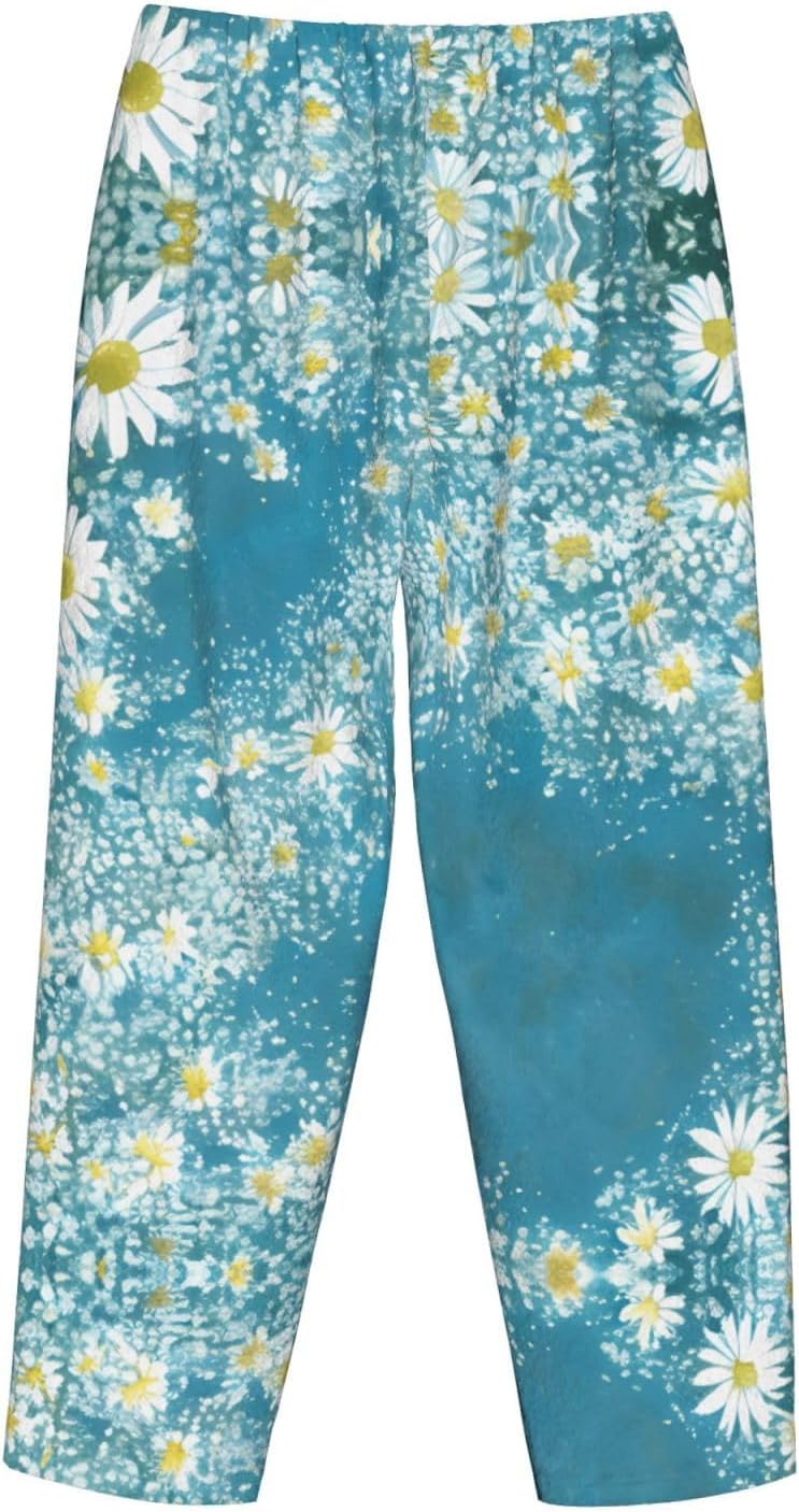 White Blue Daisy Print Cozy Flannel Pajama Pants For Women,Warm Christmas Pj Pants,Cute Fleece Pajamas