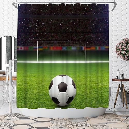 WELMECO Cortina de ducha de fútbol para niños, 72 x 72 pulgadas, tela de poliéster, decoración de baño