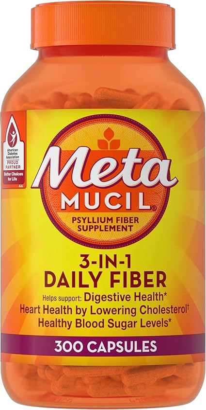 Metamucil, Fiber Capsules, 3-in-1 Psyllium Husk Fiber, 300 Capsules, Daily Fiber Supplement, Help support digestive health*, heart health by lowering cholesterol†, and healthy blood sugar levels*.