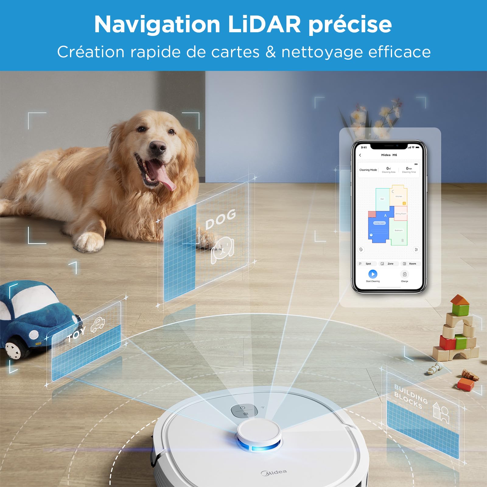 Midea M6 Aspirateur Robot Laveur Poils Animaux,Aspirateur Robot 2 en 1,Navigation LiDAR,140min d'Autonomie,2000Pa,Alexa/WiFi/APP/Télécommande Contrôlé,Idéal pour Les Poils d'animaux Tapis Sols Durs
