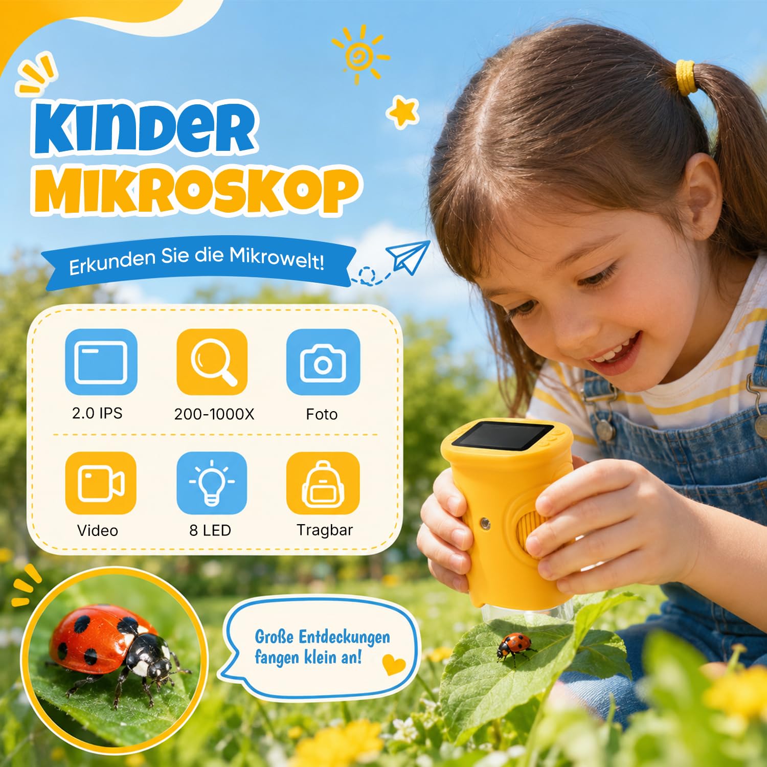 1000X Mikroskop für Kinder,1080P HD Handy Digital Tragbares Taschenmikroskop mit 2,4″ IPS-Display für Entdecker-Lupe & Experimente,Kindermikroskop mit Fotofunktion