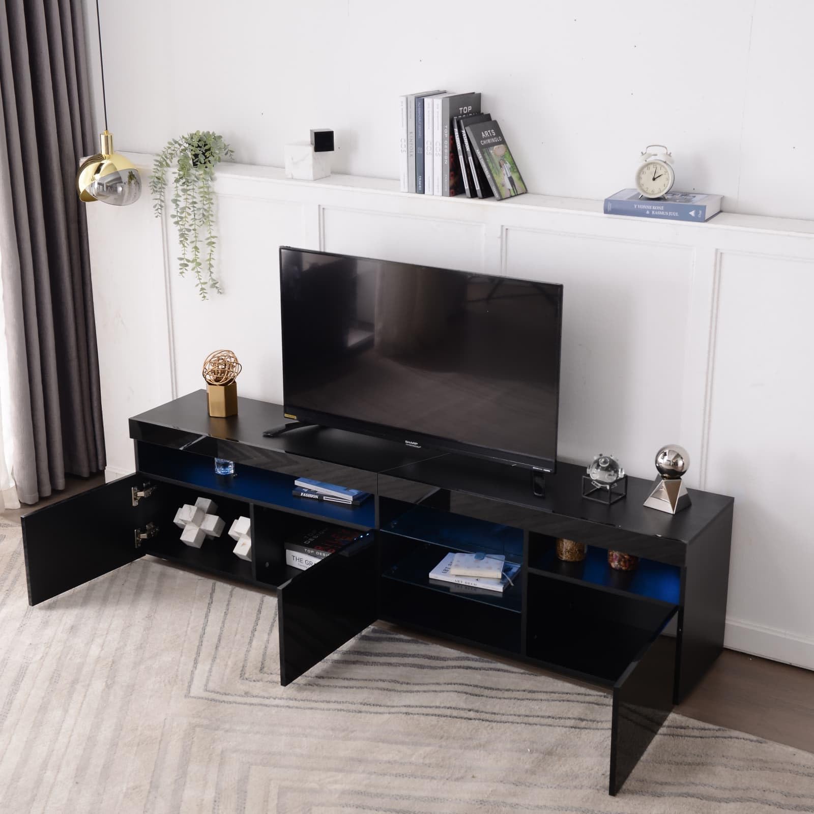 PUGSDRLY Meuble TV Contemporain Noir 180cm avec Éclairage LED Réglable et Finition Brillante,Adapté aux Salons et Salles à Manger (Black)