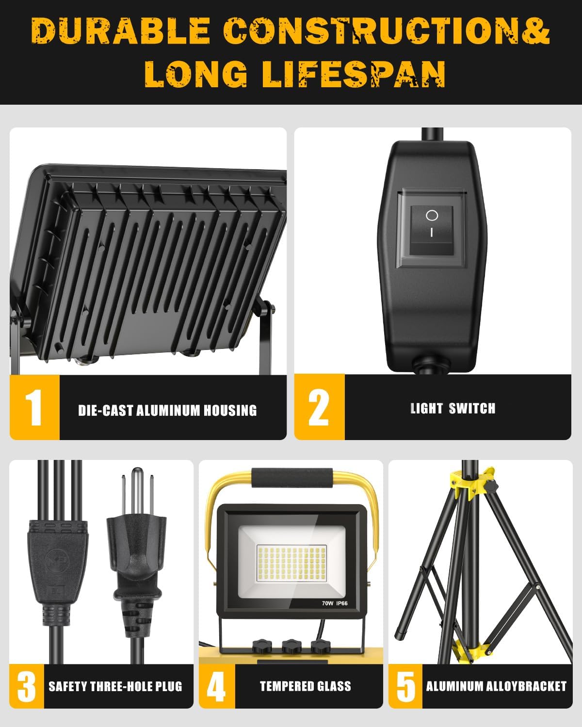 Upgraded LED Work Lights with Stand, 21000 Lumen 3-Head Adjustable Work Light, IP66 Waterproof Construction Tripod Light, Foldable & Portable Work Lights for Garage, Job Site, Outdoor Use - Image 5