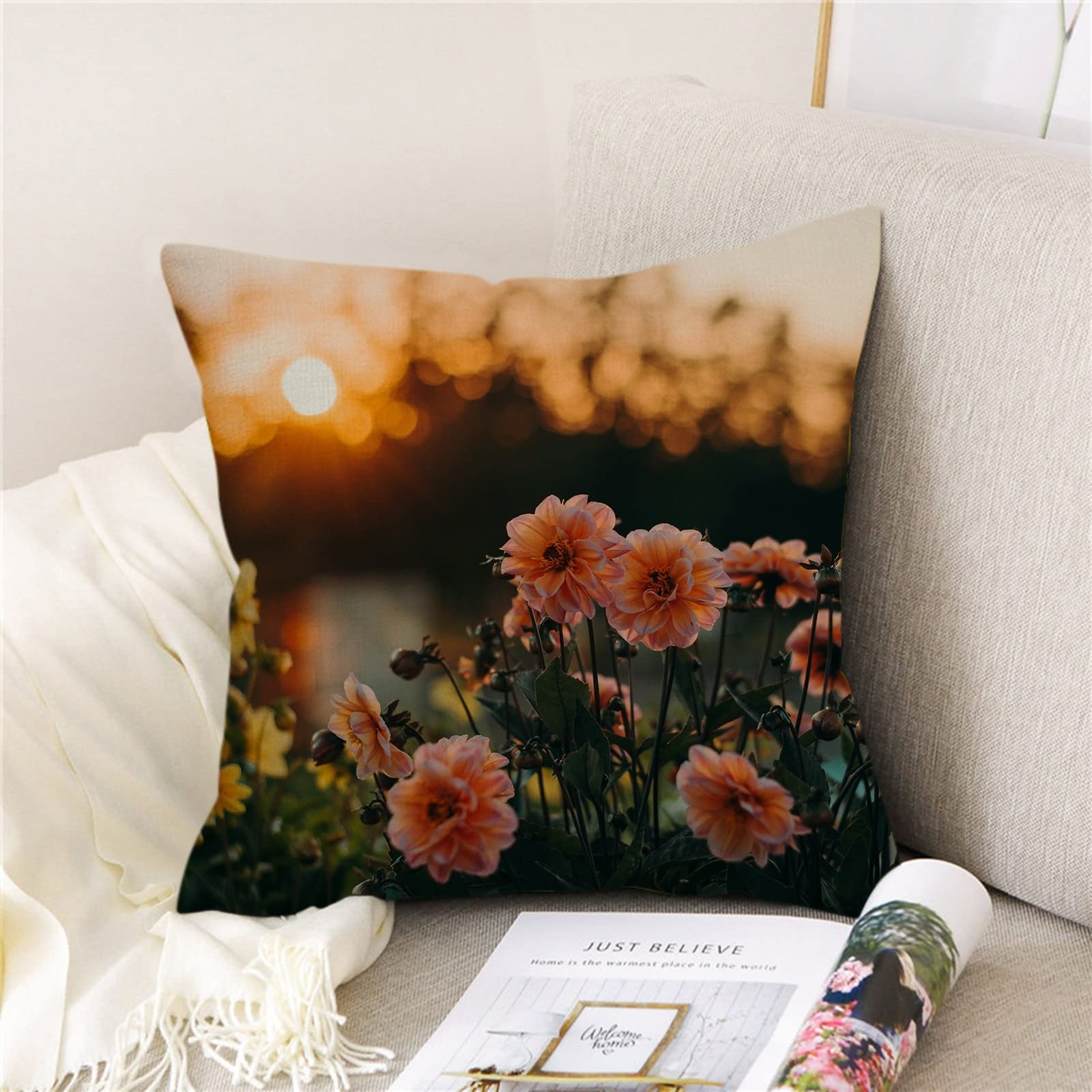 4 fundas de cojín para sofá y silla, 50 x 50 cm, fundas de cojín para exteriores, fundas de almohada de lino naranja y amarillo, para sala de estar, sofá y dormitorio