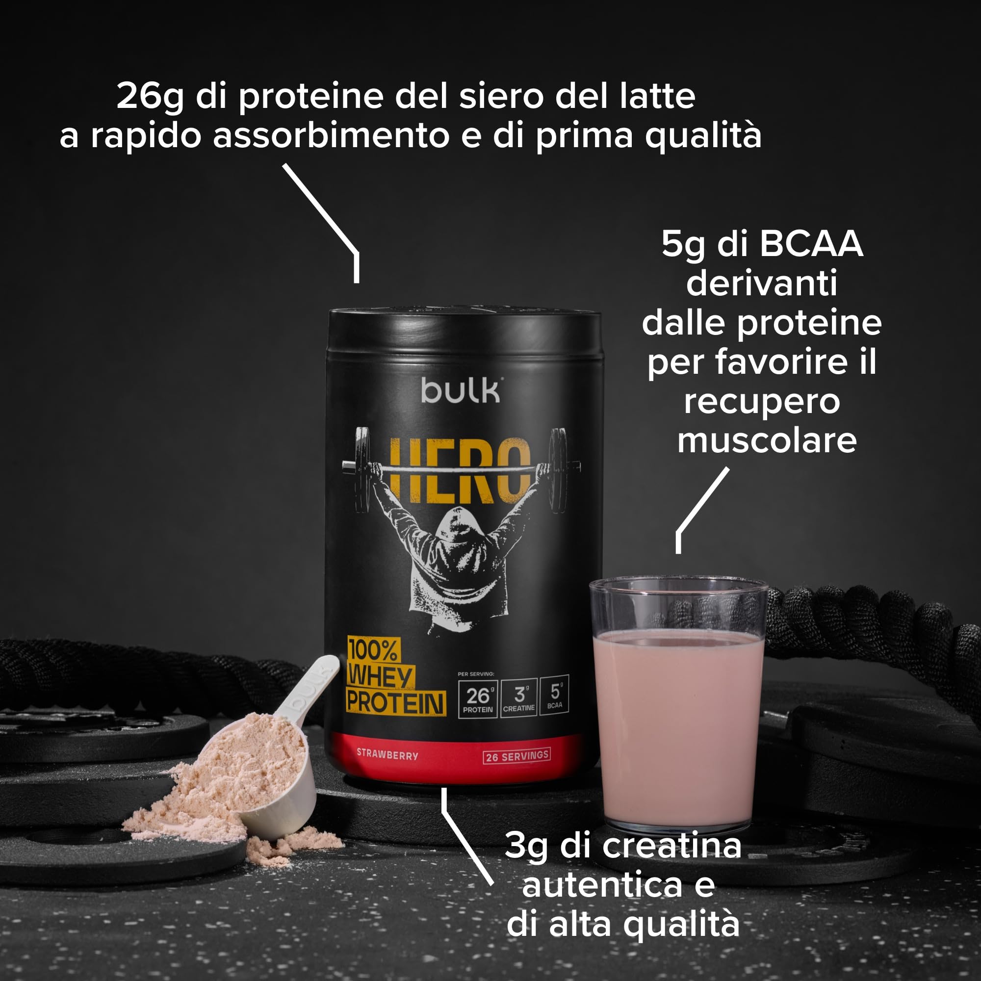 Bulk Hero Whey Protein Powder | Strawberry | 65 Servings | 26g Protein + 3g Creatine | 5g BCAAs | Low Sugar | Fast Absorption | Isolate, Hydrolysed & Concentrate Blend