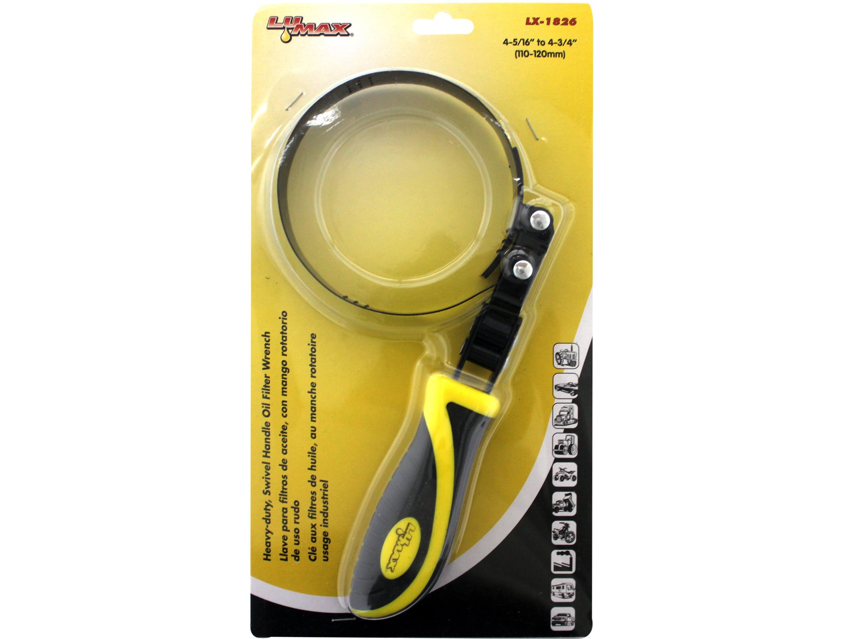LUMAX LX-1826 Black Oil Filter Wrench Heavy-Duty, Swivel Handle, Fits Filters from (Diameter Sizes) 4-5/16 inch to 4-3/4 inch (110-120 mm). Ideal for Removing Oil Filters During Oil Changes.