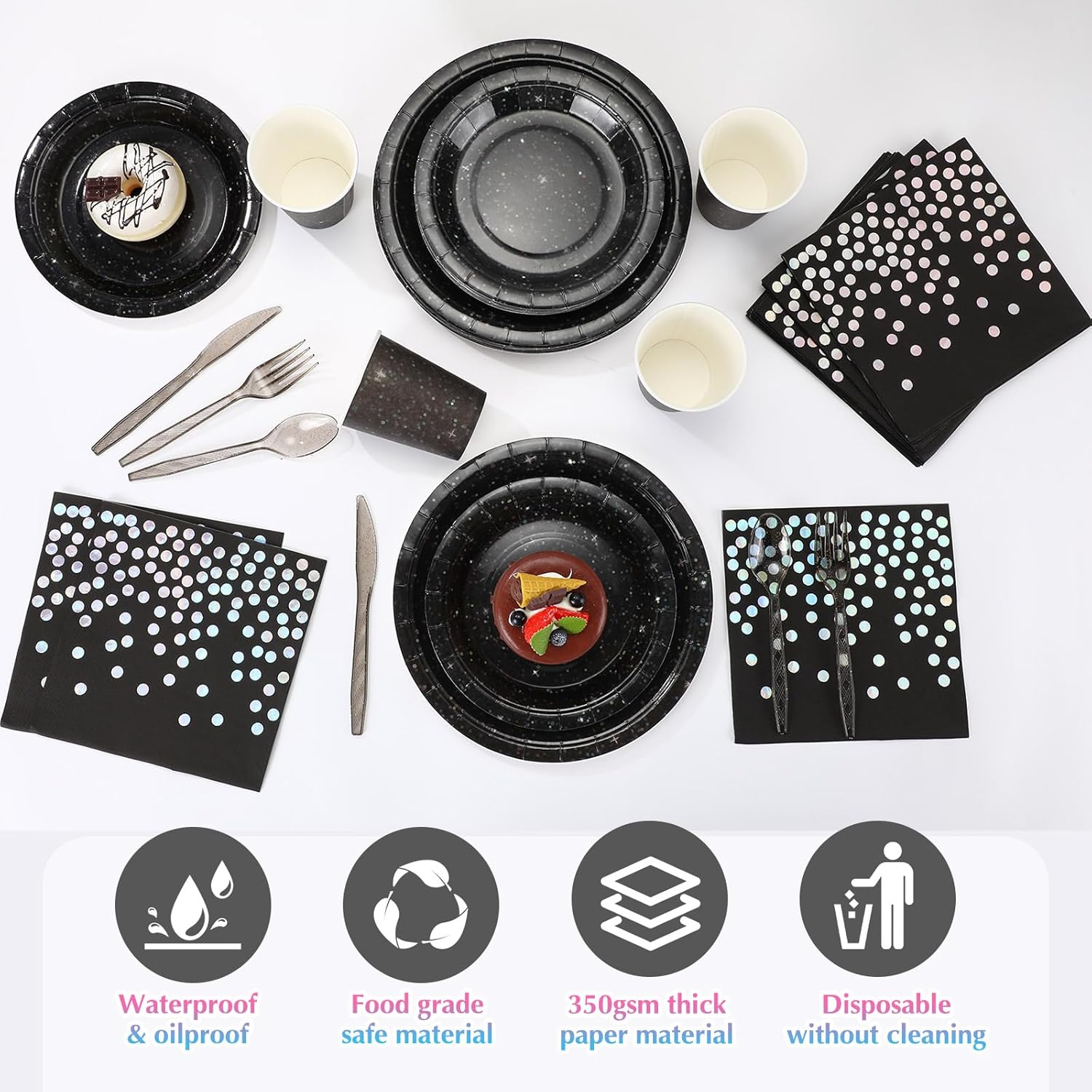Hushee 175 Pcs Black Holographic Print Party Supplies Guests Disposable Dinnerware Set Include Paper Plates, Napkins, Cups, Plastic Cutlery for Wedding Birthday Disco Bachelorette