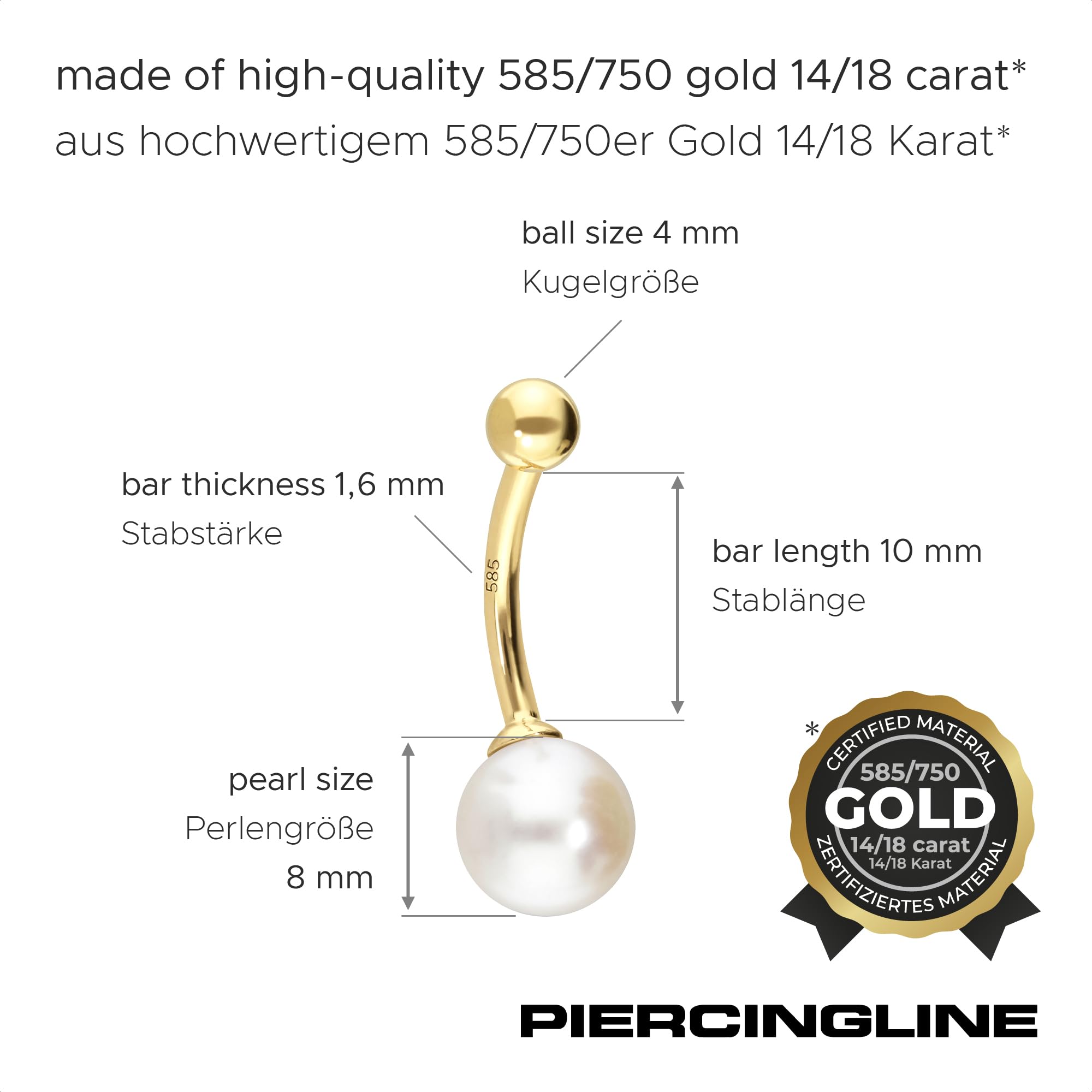 PIERCINGLINE 750er GOLD Bauchnabelpiercing | 18 KARAT | Frischwasser Perle | Piercing Bananabell Banane | Farbauswahl