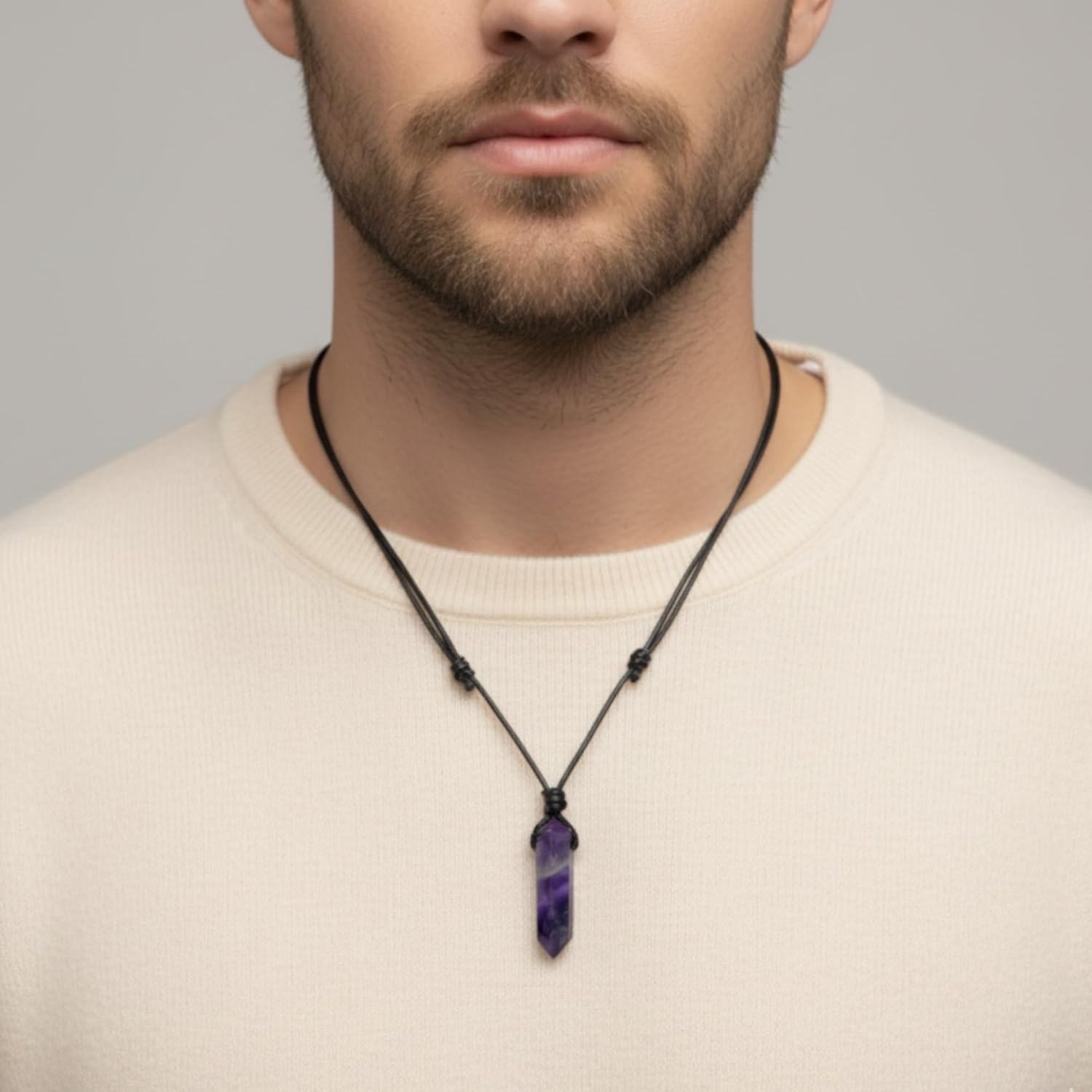 Luck Strings Natural Amethyst Quartz Crystal Point Pendant Necklace for Men and Women Unisex Cord Choker – Genuine February Birthstone Gemstone Jewelry