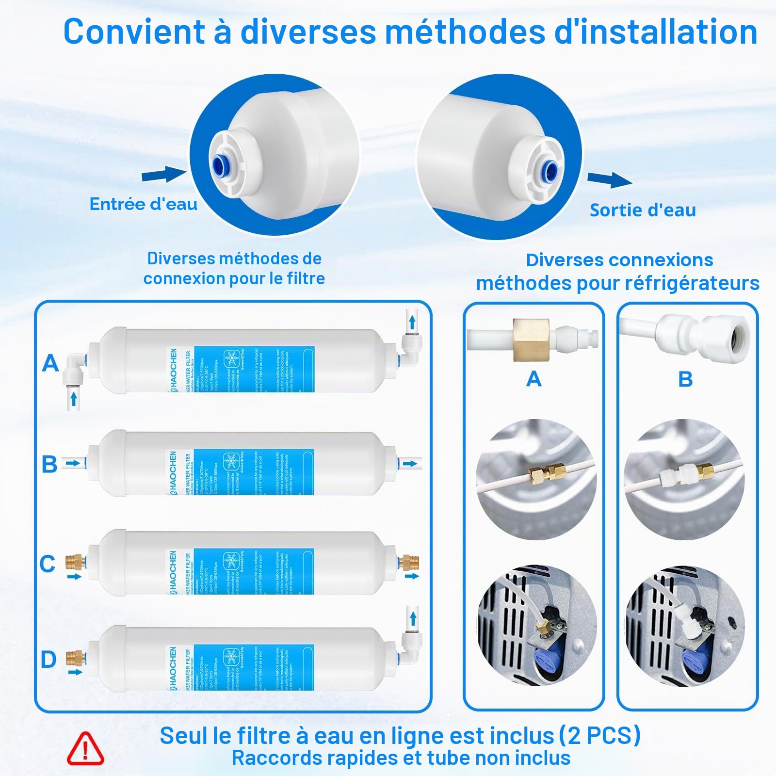Filtre à eau en ligne pour machine à glaçons et réfrigérateur, filtre à eau de 1/4" à connexion poussée idéal pour machine à glaçons et post-carbone de système RO (osmose inverse)