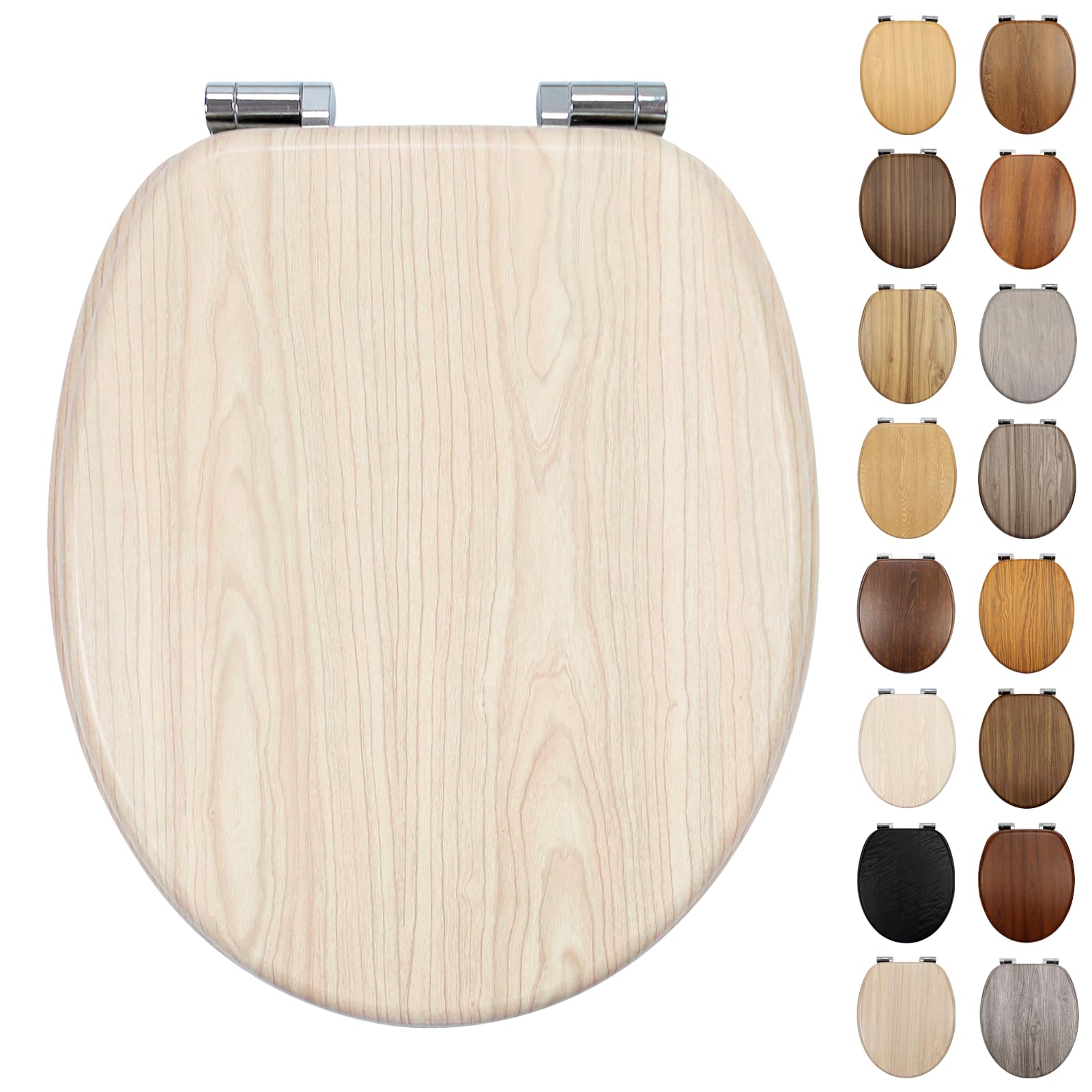 Fanmitrk Traditional Wooden Toilet Seat Soft Close, MDF Adjustable Hinges with Bottom Fixture,Easy to Clean and Install for Bathroom (BL18-17-01)