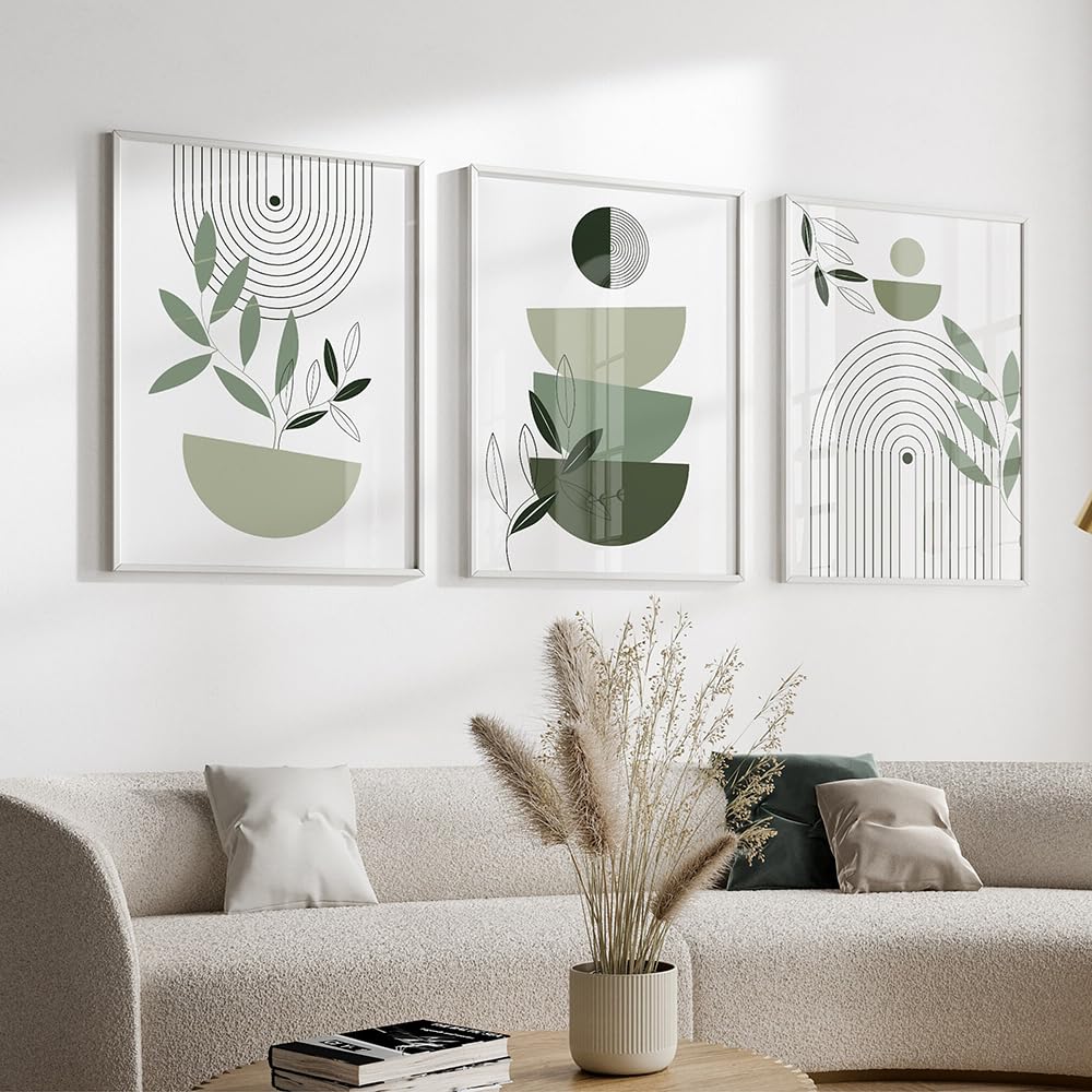 WBYZAC Wall Pictures-Green Botanical Abstract Boho Geometry Wall Art Canvas Painting Nordic Posters Prints Wall Pictures Living Kitchen Room Decor-30 * 50cm*3PCS (No Frame)