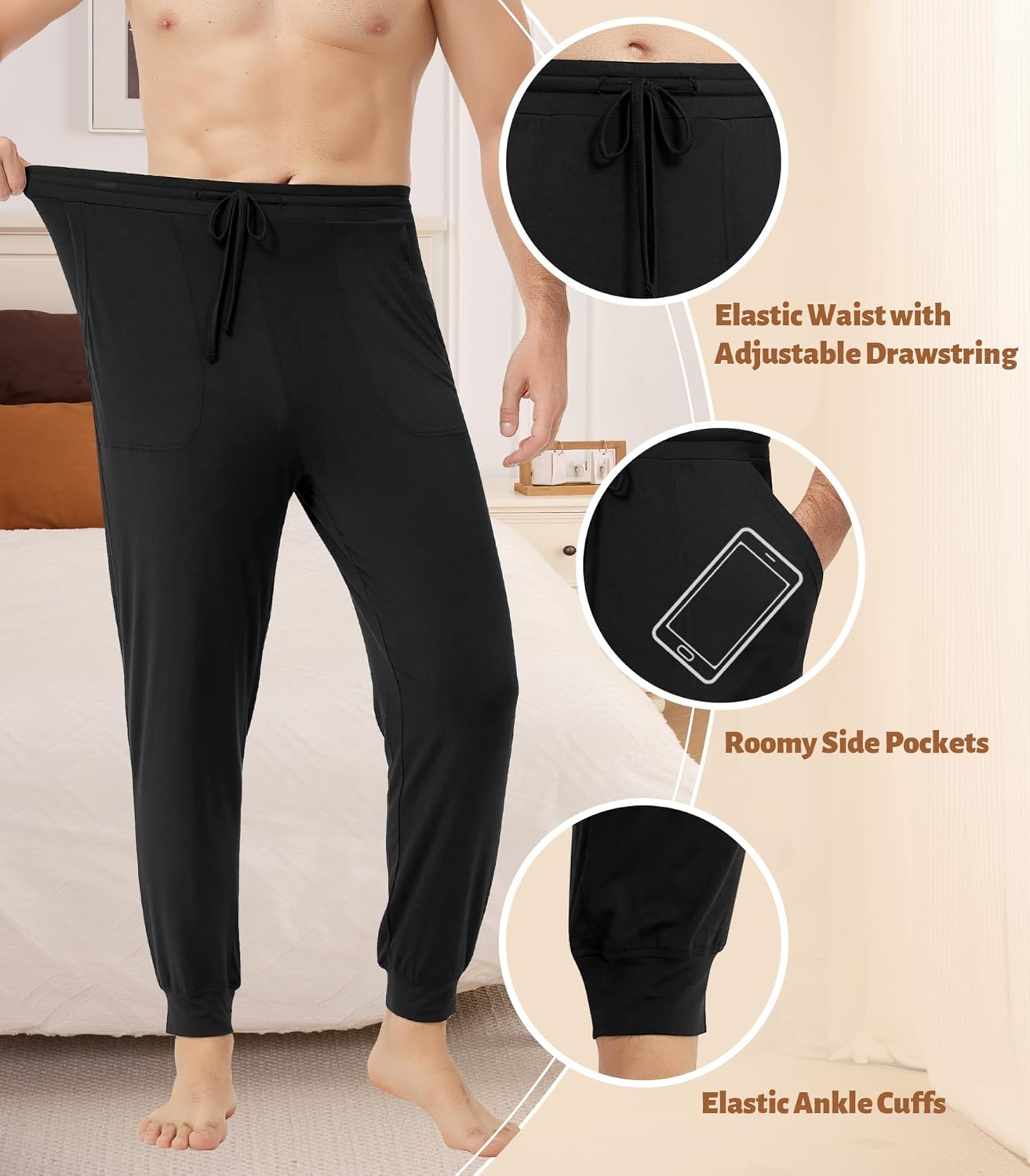 NACHILA Men's Pajamas Pants-Viscose Made from Bamboo, Soft Jogger Pants Comfy Sleep Pants Cool Pjs Bottoms with Pockets - Image 3
