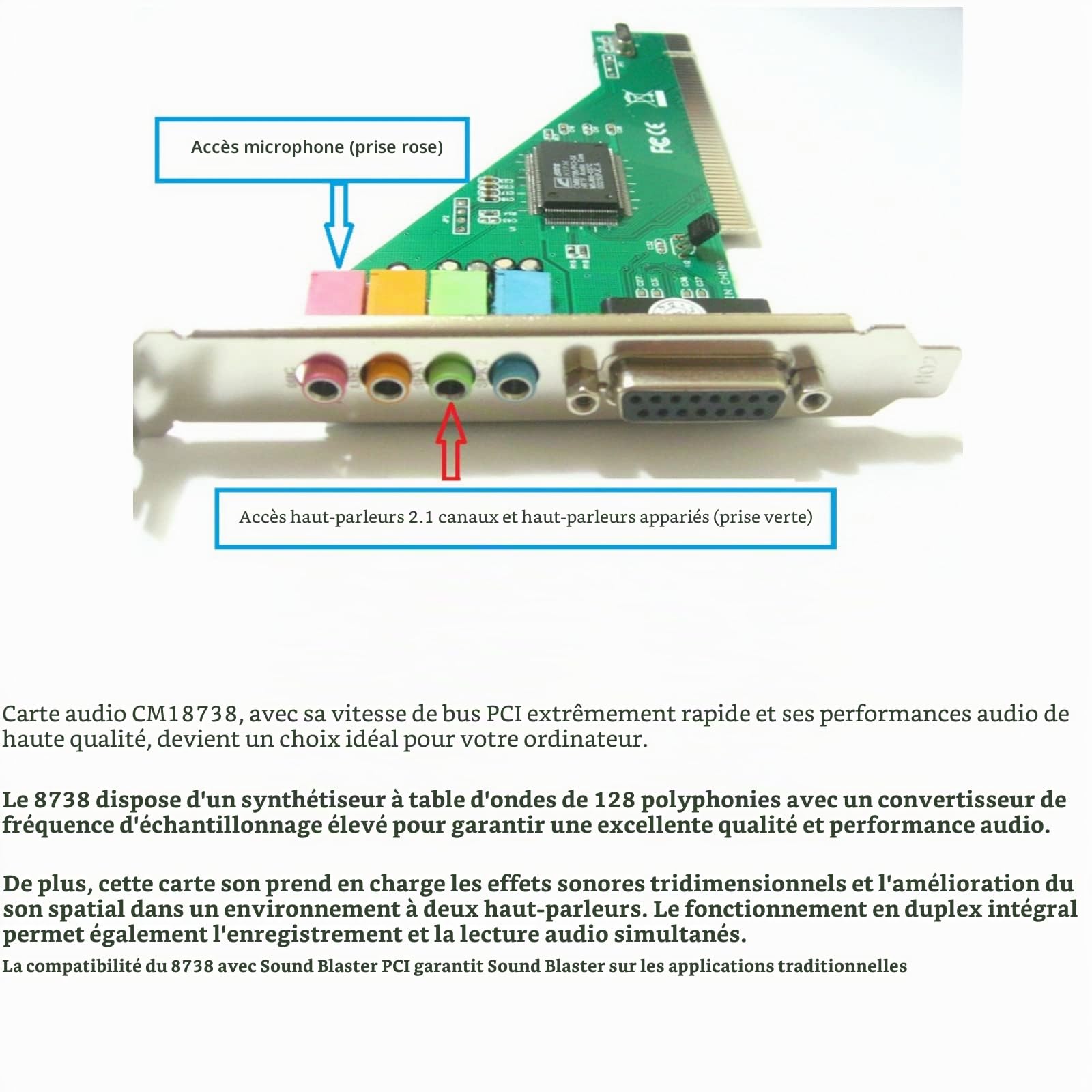 Carte Son PCI 4.1 Carte Son Surround stéréo Interne Carte Audio pour Ordinateur de Bureau, Puce CMI8738, pour 98 / pour / XP/NT Tension du Signal (0,5 V ~ 5 V)
