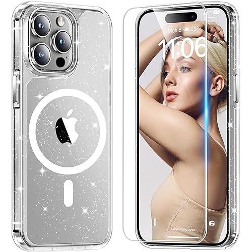 TAURI 3 in 1 for iPhone 15 Pro Max Case, Compatible with MagSafe [Anti-Yellowing] with 2X Screen Protectors, Military-Grade Protection, Shockproof Magnetic Phone Case for 15 Pro Max, Glitter Clear