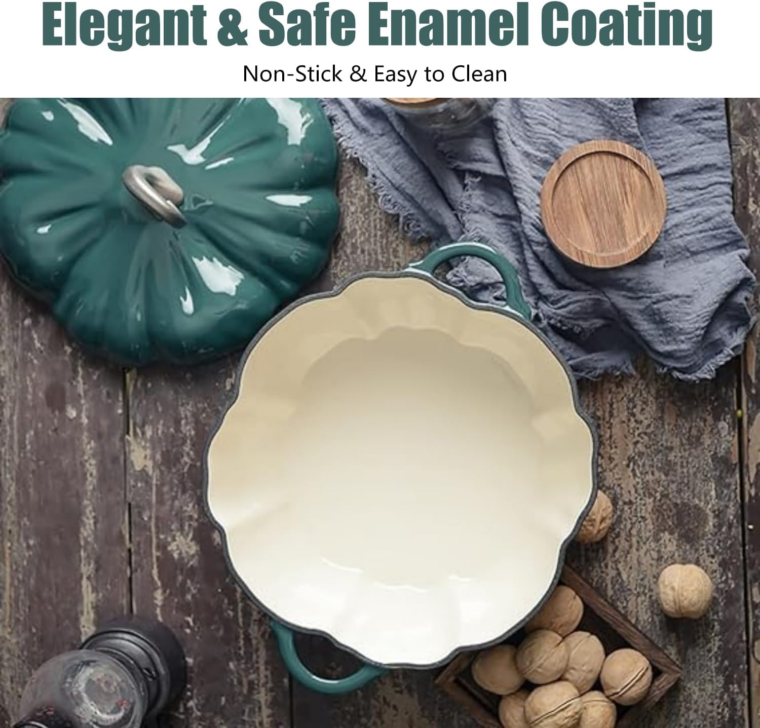 4Qt Pumpkin Cocotte, Cast Iron Dutch Oven, Enamel Pot, with Lid and Oven Mitts, Serves 3-5, Green