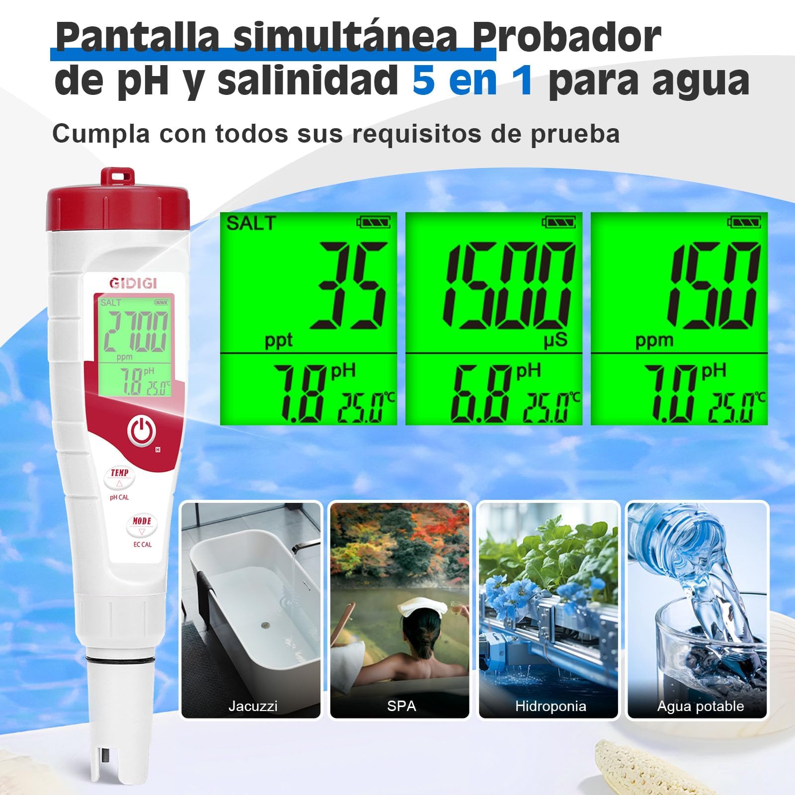 Medidor Salinidad Piscina, 5 en 1 Comprobador pH Sal EC TDS y Temp, con Solución de Calibración 12.88mS/cm, Kit Analizador Piscina Agua Salada para Piscinas, Acuarios, Hidroponía y Agua Potable